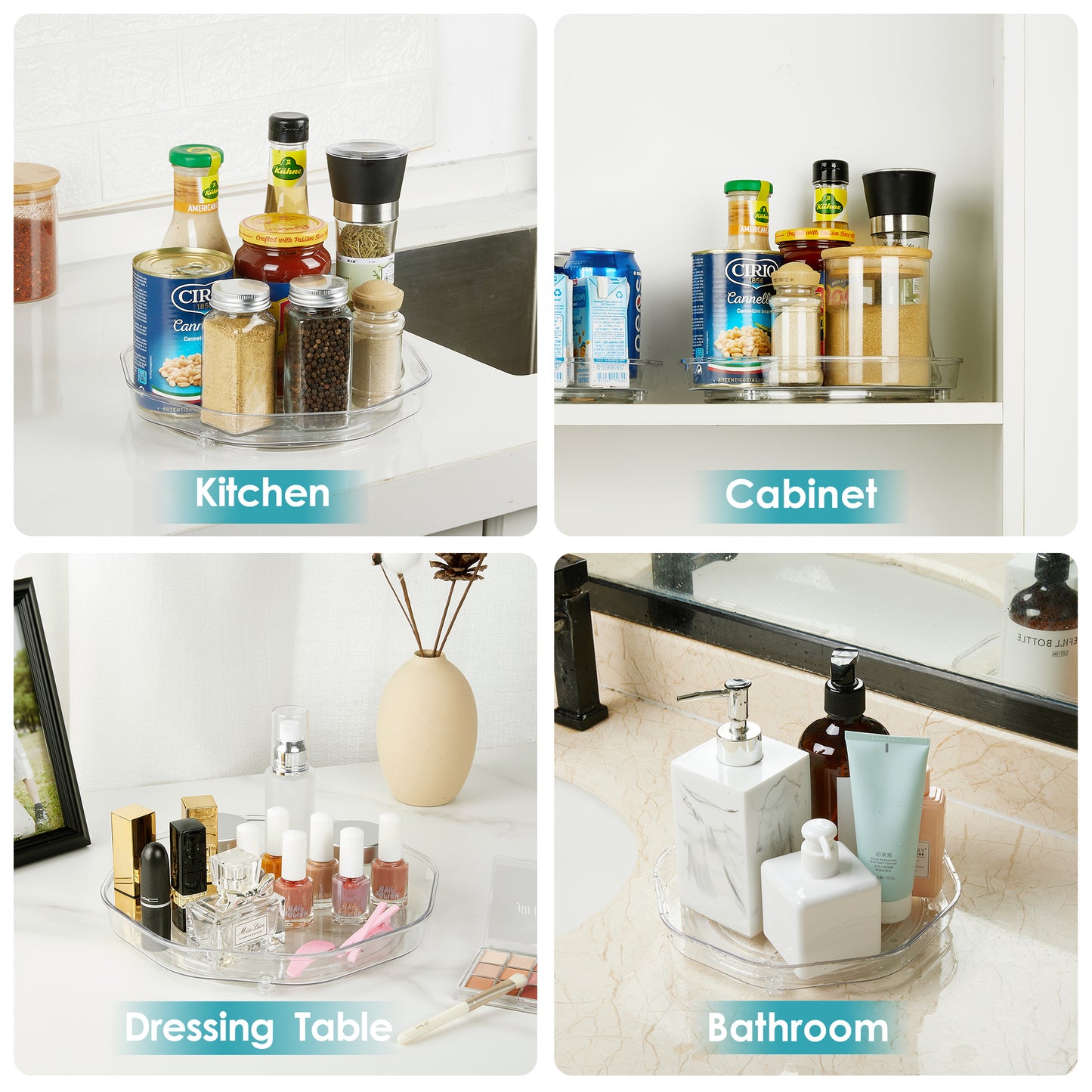 Clear Lazy Susan Organizer, Sindcom 4 Pack Turntable Spice Rack, for Cabinets Kitchen, Countertop, Bathroom, Makeup, 9 Inches