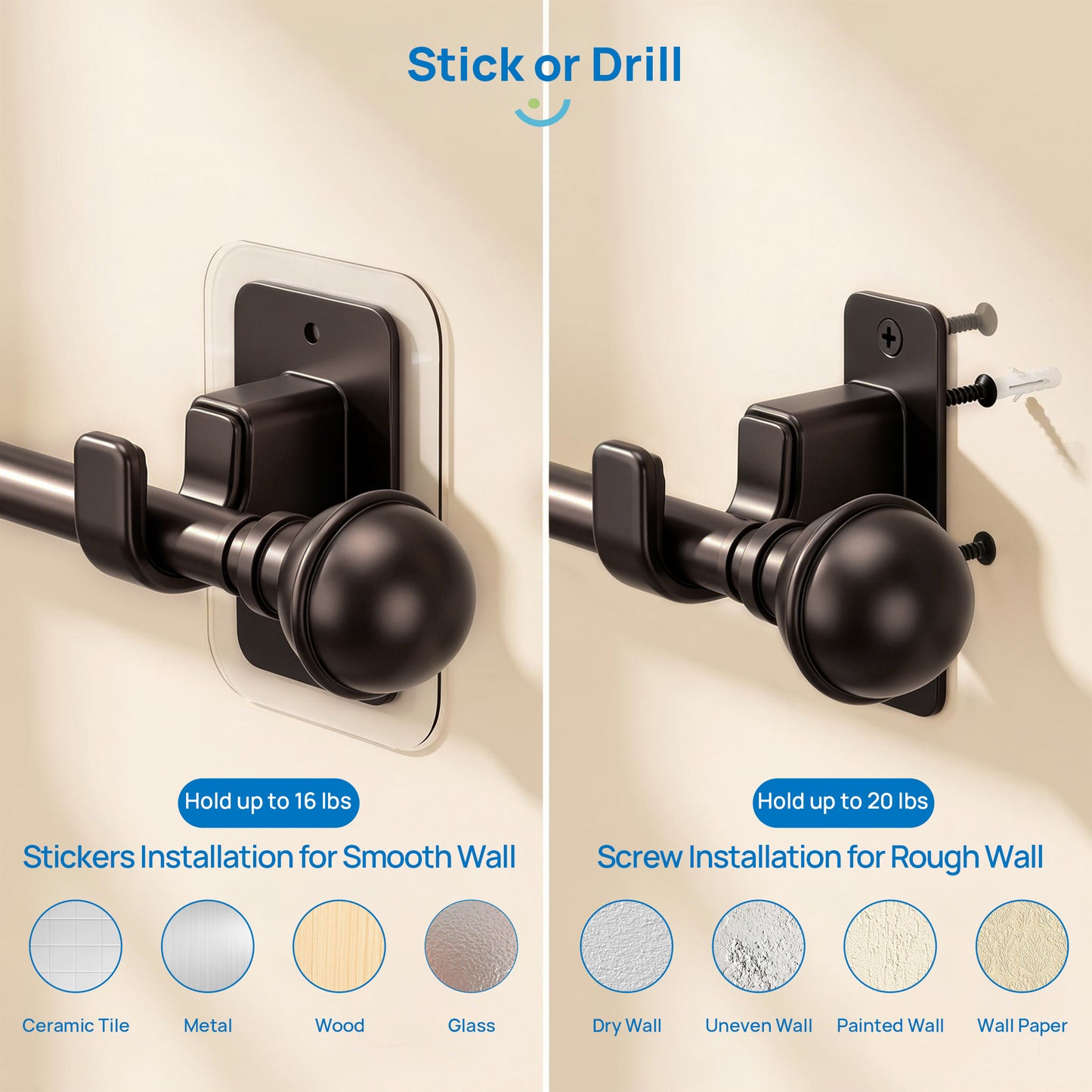 Sindcom No Drill Curtain Rods for Window 27 to 48 Inches, 5/8 Inch Diameter Renter Friendly Drapery Rod with Adhesive Brackets without Drilling, Adjustable from 27 to 52 Inches,Bronze