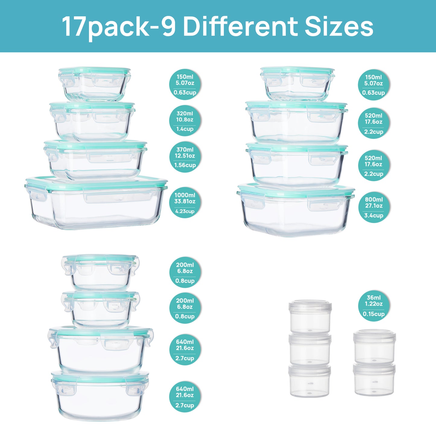 Sindcom 34pcs Glass Food Storage Containers, Meal Prep Containers, Airtight Bento Boxes(17 Containers & 17 Lids)