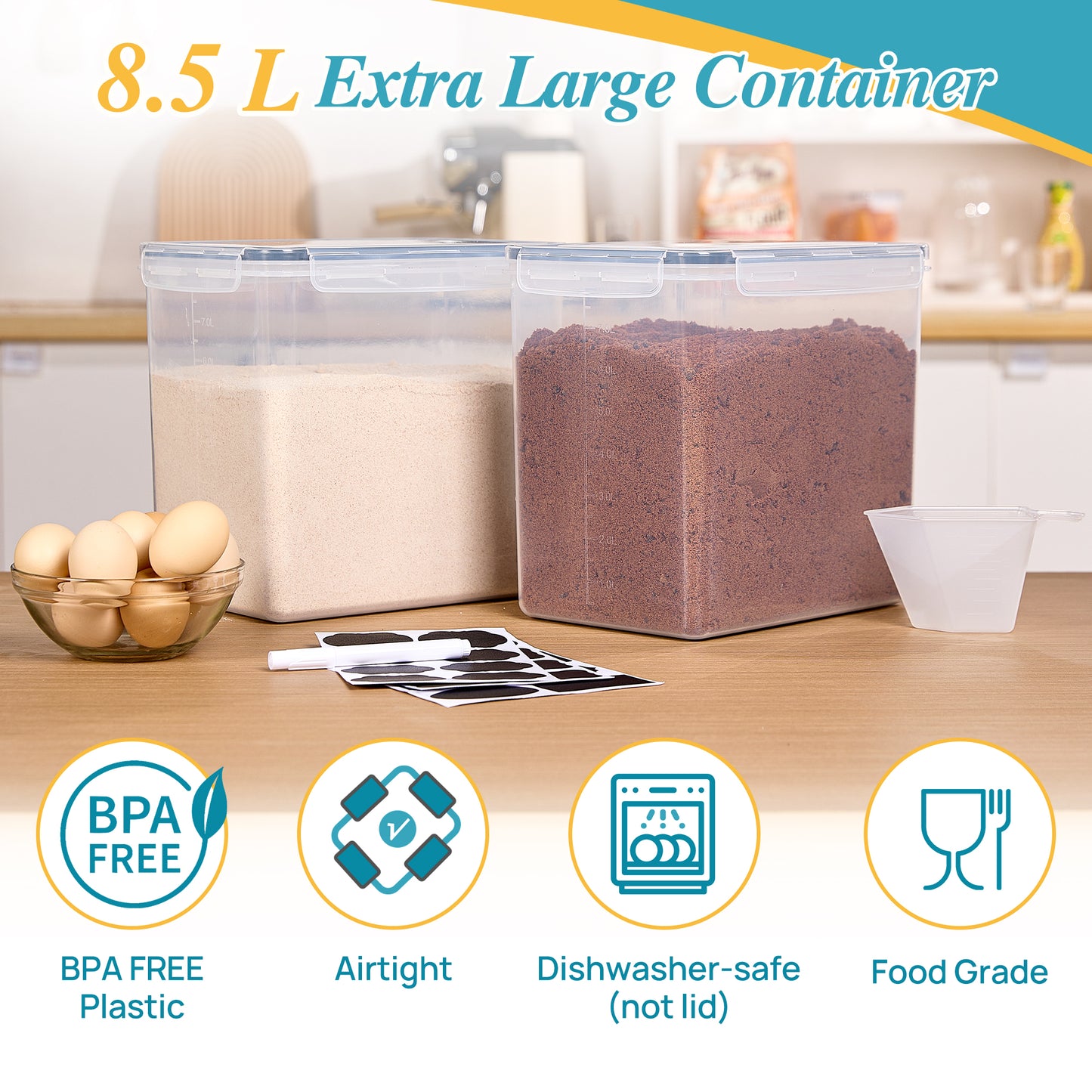 Sindcom Airtight Storage Canisters,3 Pcs Large Food Storage Container for Flour, Sugar,8.5L /287.42fl oz