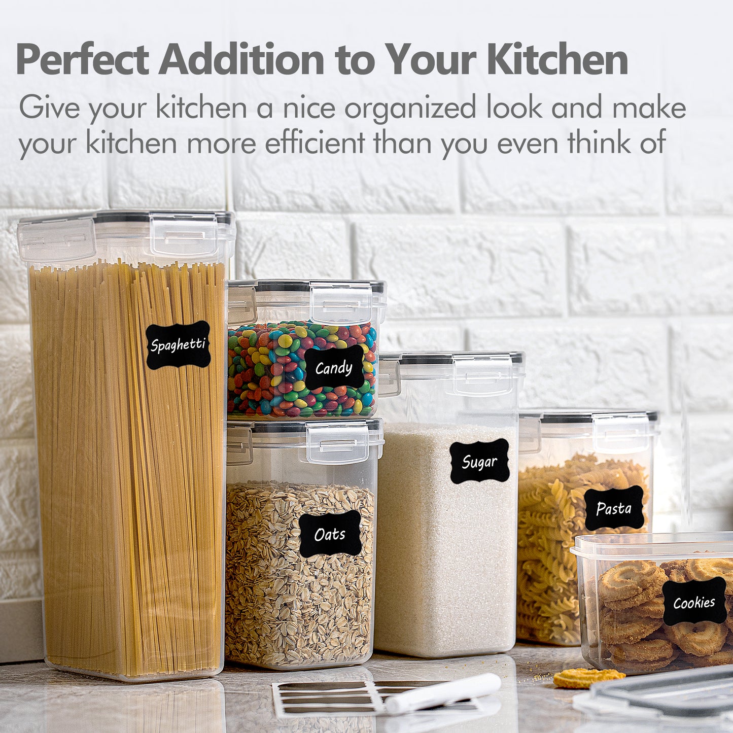 Sindcom Airtight Food Storage Containers Set, 14pcs Plastic Kitchen and Pantry Organization Canisters, Black