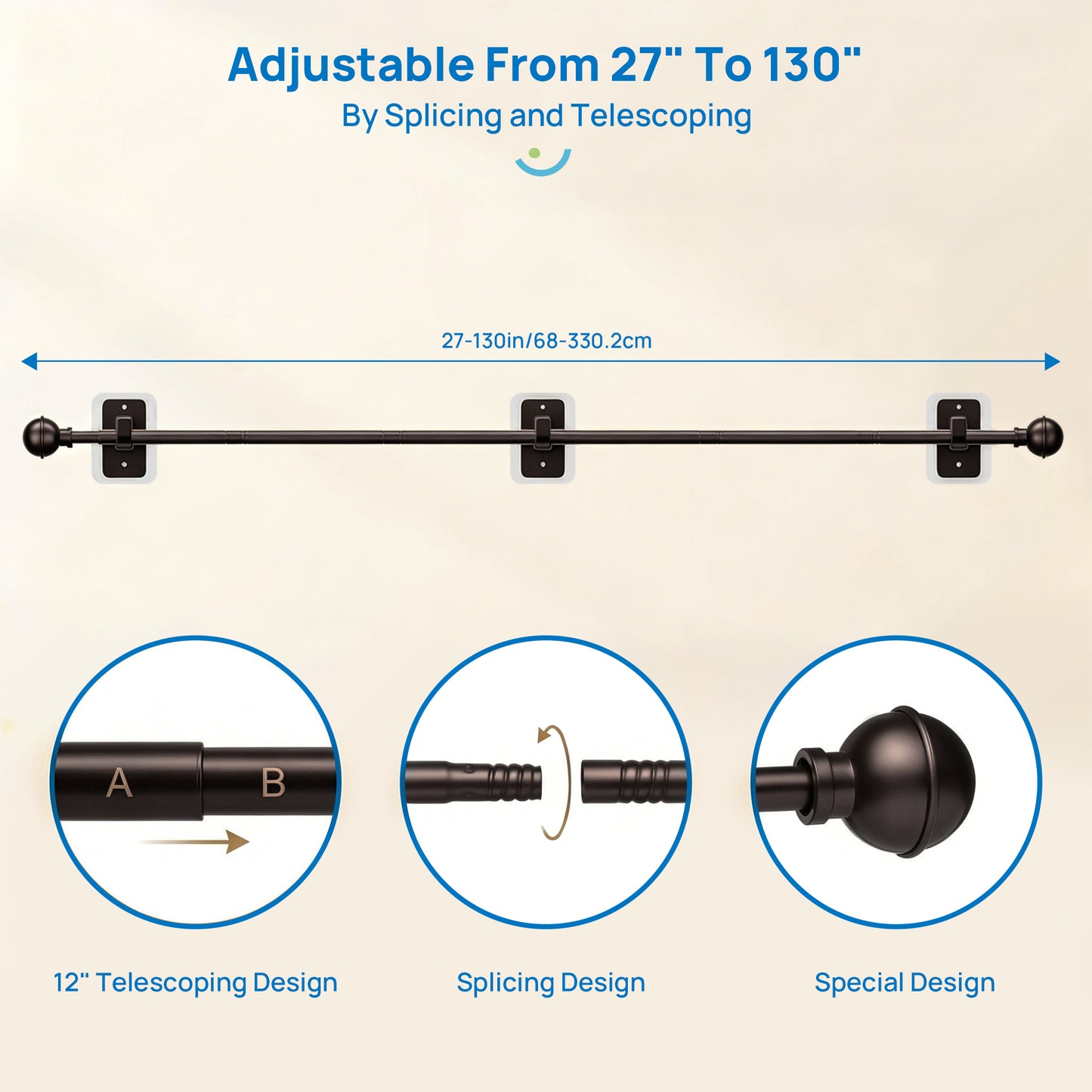 Sindcom No Drill Curtain Rods for Window 66 to 120 Inches, 5/8 Inch Diameter Renter Friendly Drapery Rod with Adhesive Brackets without Drilling, Adjustable from 27 to 130 Inches, Bronze