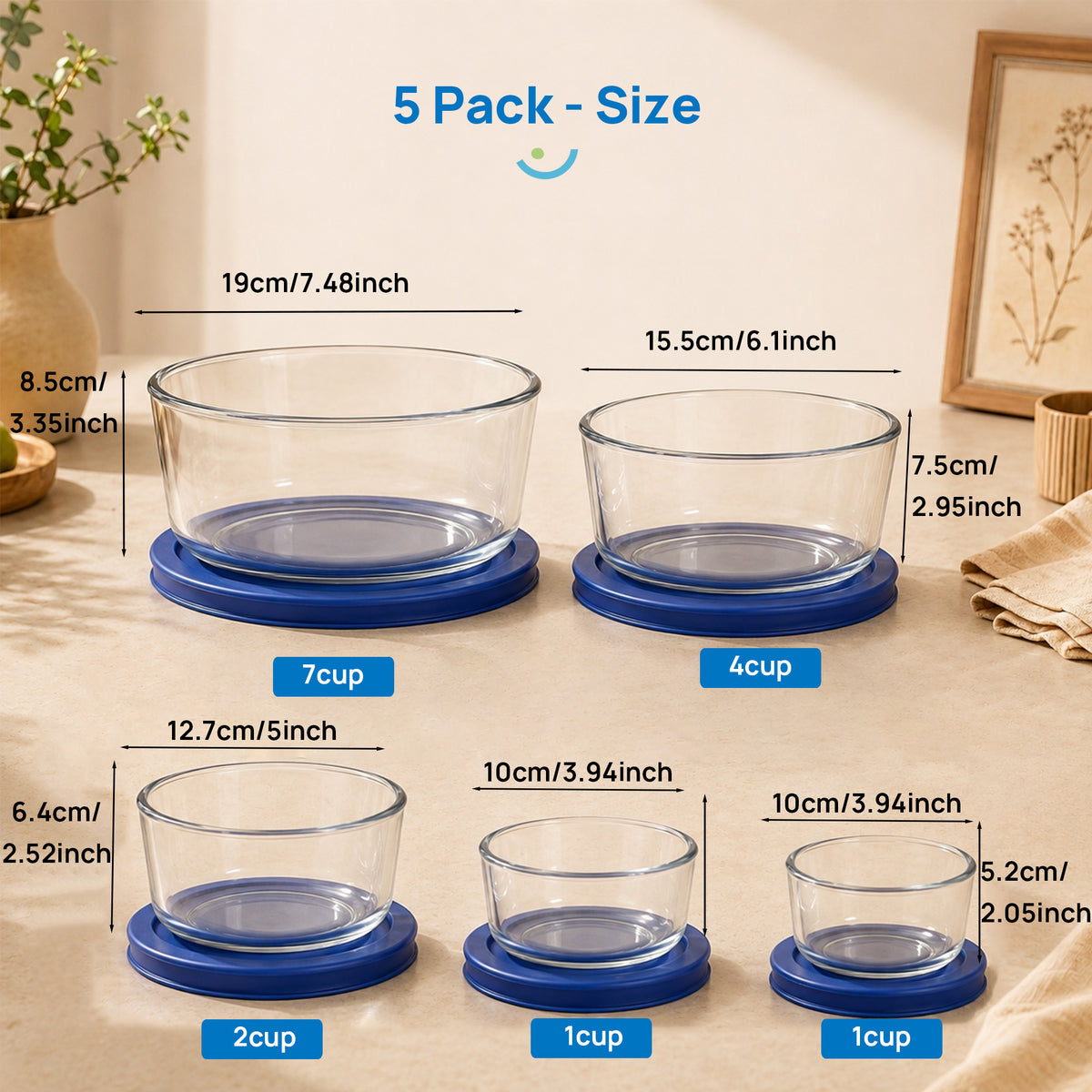 Sindcom Glass Food Storage Containers with Lids, Mixing Bowl Set with Lids, 15 Cup Round Glass Bowls, Set of 5