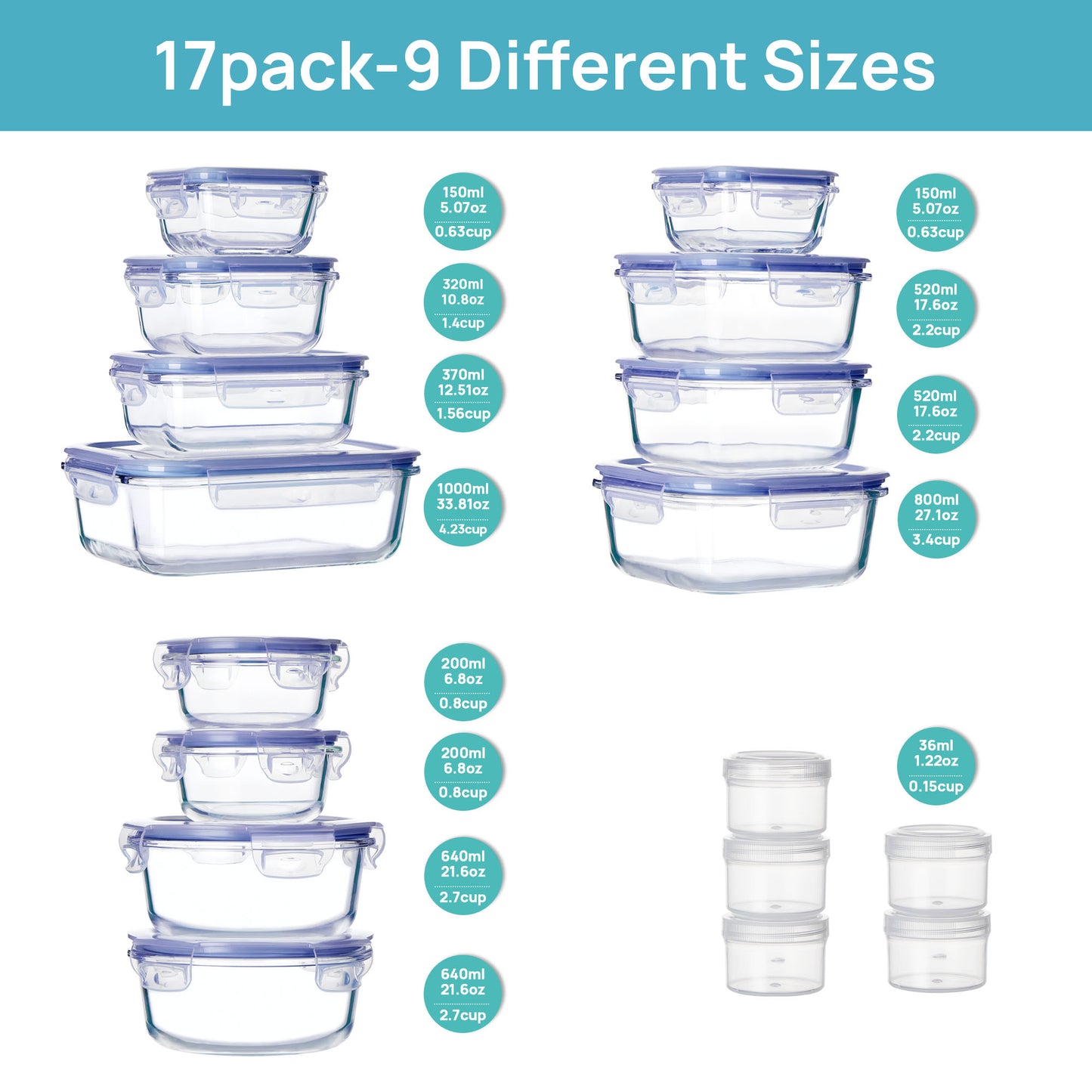 Sindcom 34pcs Glass Food Storage Containers with Lids Set, Airtight Meal Prep Containers (17 Containers & 17 Lids), Blue
