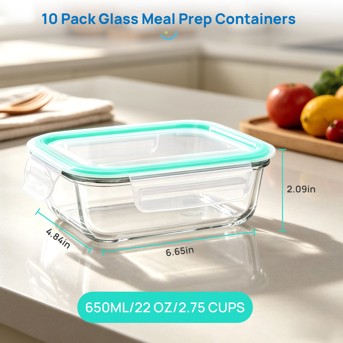 10 Pack 22oz Glass Storage Containers with Lids, Glass Meal Prep Food Container Sets with Snap Airtight Lids for Microwave, Oven, Freezer and Dishwasher