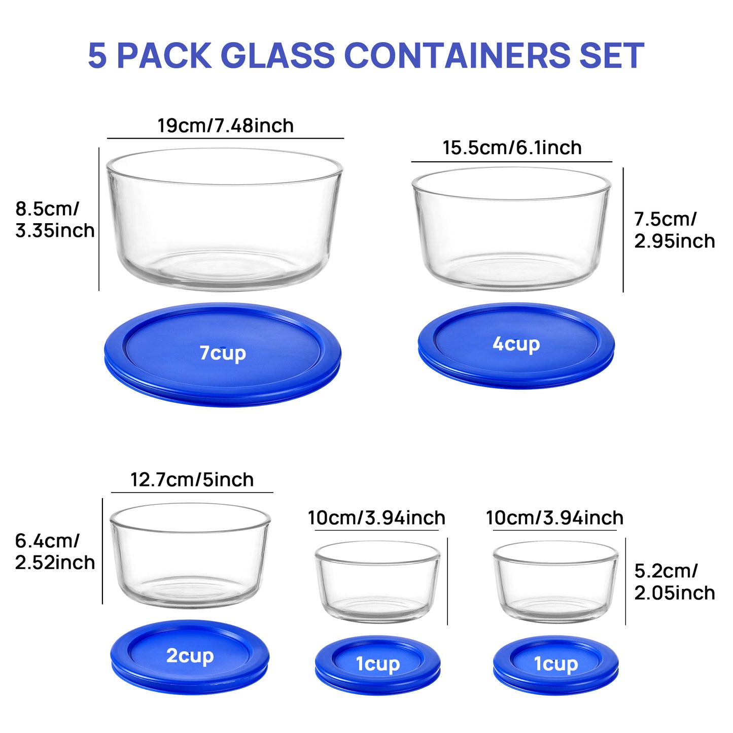 Sindcom Glass Food Storage Containers with Lids, Mixing Bowl Set with Lids, 15 Cup Round Glass Bowls, Set of 5