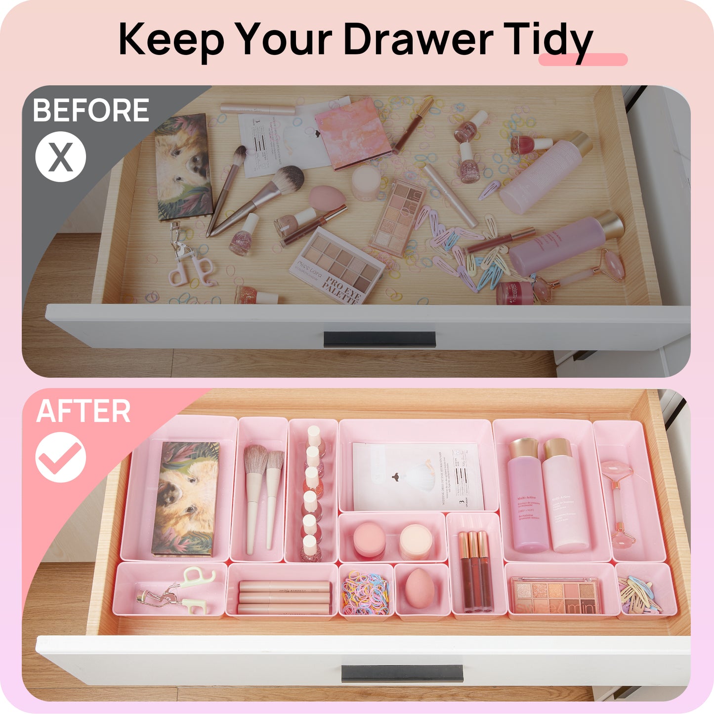 Sindcom 26 PCS Drawer Organizers，Pink Plastic Stackable Organizer Bins and Vanity Organizer