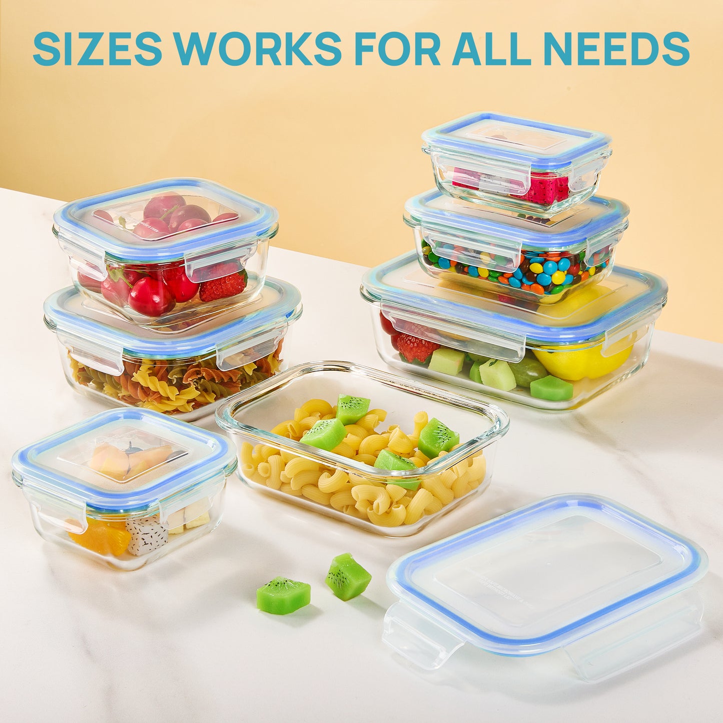 Sindcom 7 Pack Glass Food Storage Containers, Meal Prep, Airtight Bento Boxes with Leak Proof Locking Lids,Blue