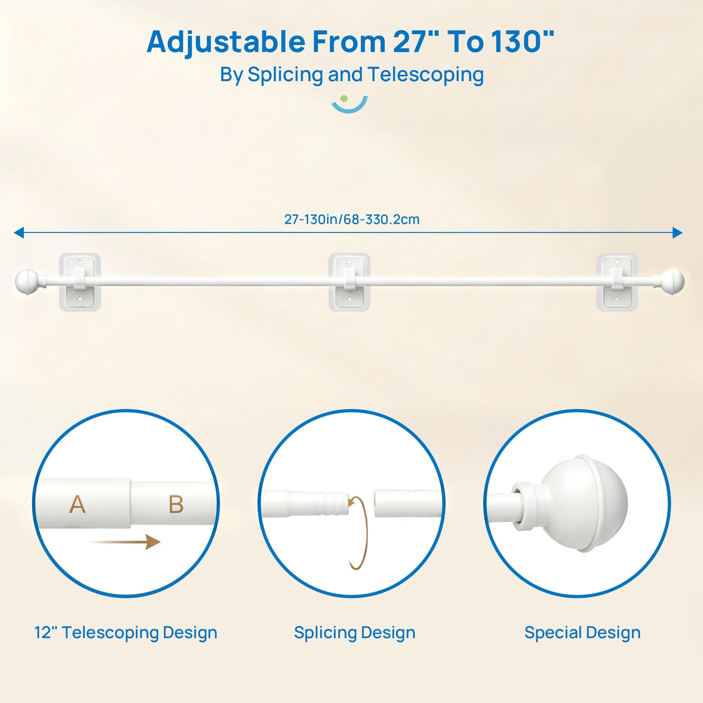 Sindcom No Drill Curtain Rods for Window 66 to 120 Inches, 5/8 Inch Diameter Renter Friendly Drapery Rod with Adhesive Brackets without Drilling, Adjustable from 27 to 130 Inches, White