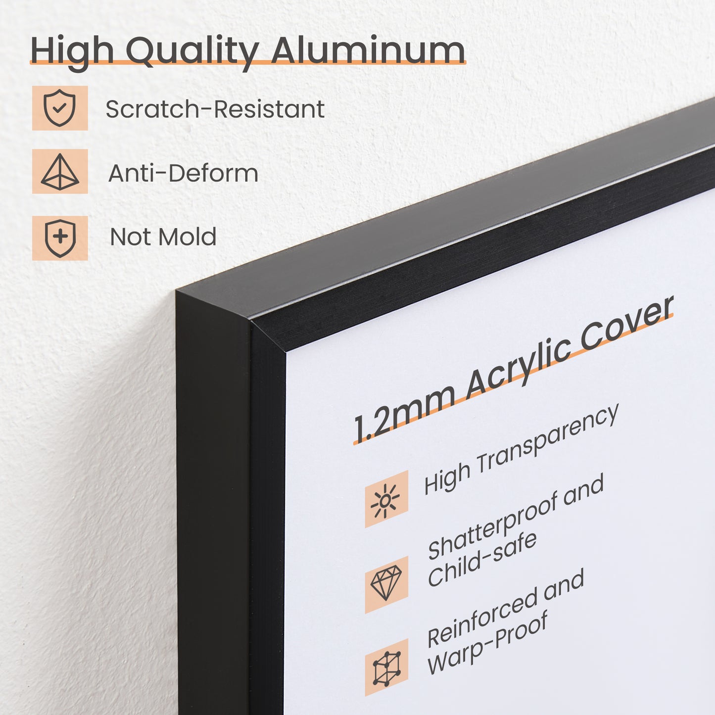 Sindcom Aluminum 8x10 Picture Frame Black, Modern Metal Photo Frames with Shatterproof Plexiglass, Wall Gallery Display for 5x7 with Mat or 8x10 Without Mat, Black