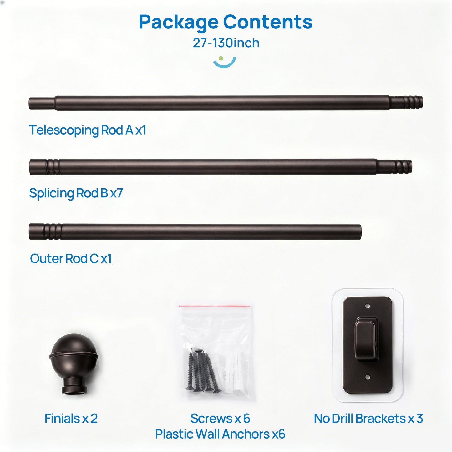 Sindcom No Drill Curtain Rods for Window 66 to 120 Inches, 5/8 Inch Diameter Renter Friendly Drapery Rod with Adhesive Brackets without Drilling, Adjustable from 27 to 130 Inches, Bronze
