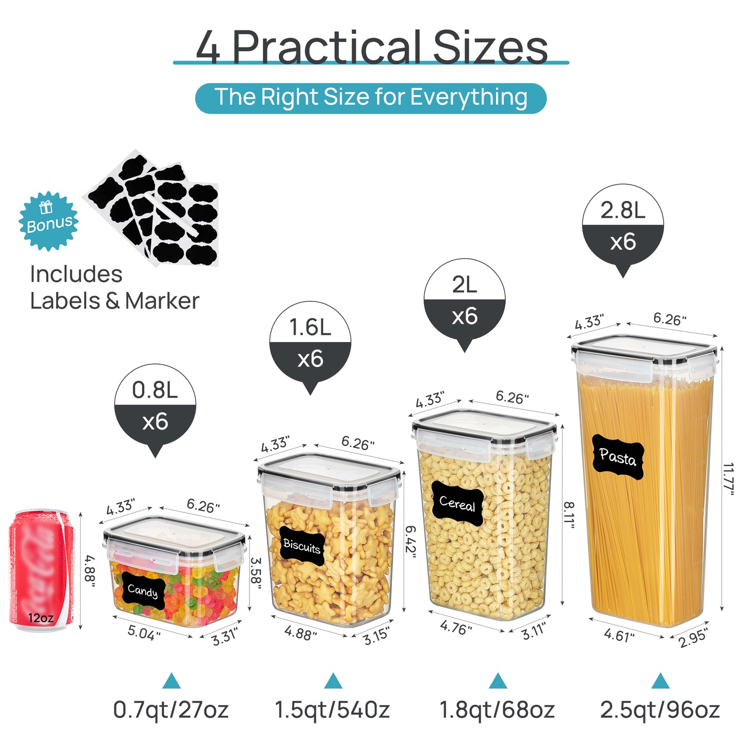 Sindcom Airtight Food Storage Containers with Lids, 24 pcs Plastic Kitchen and Pantry Organization Canisters for Cereal, Dry Food, Flour and Sugar, BPA Free, Includes 24 Labels，Black