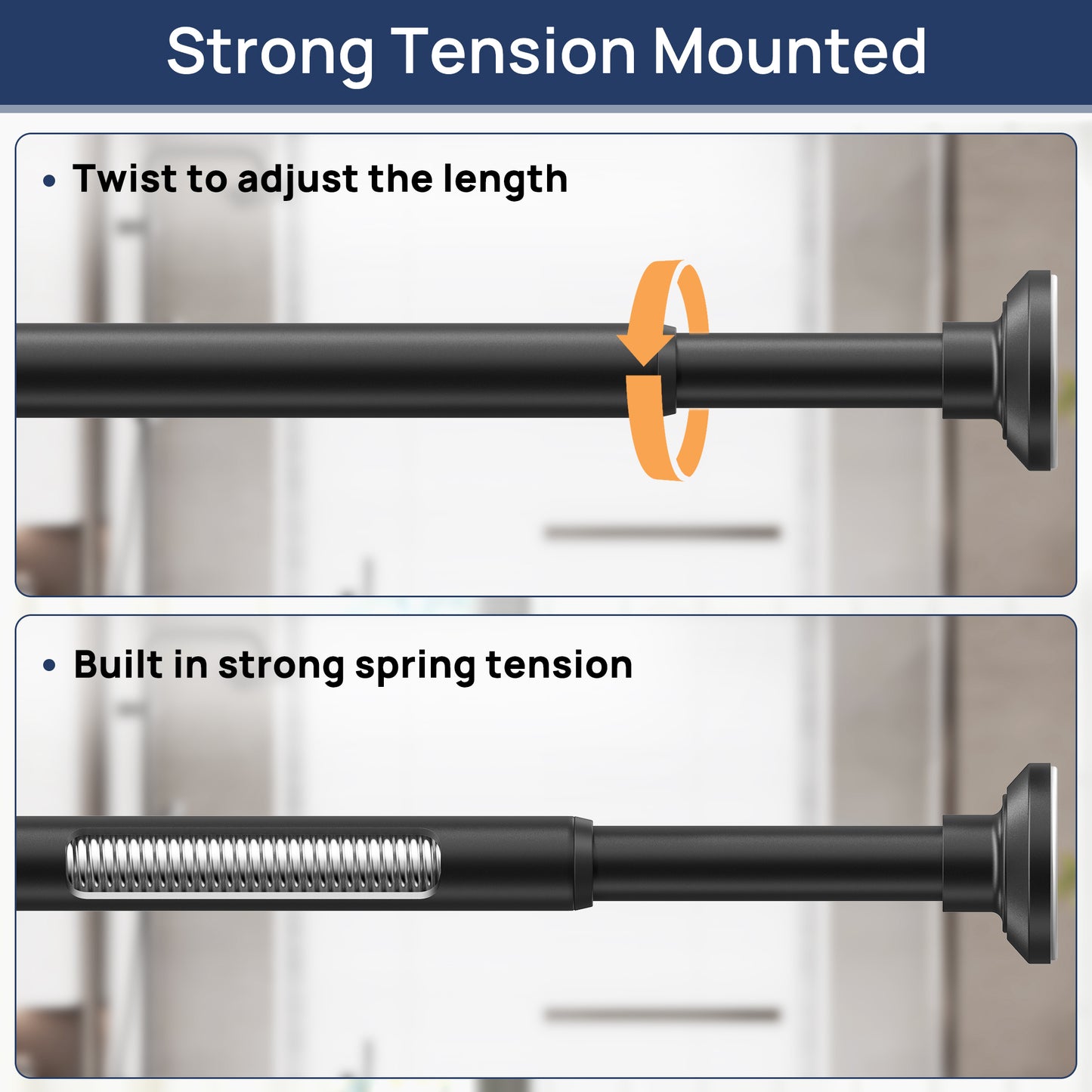 Sindcom No Drill Shower Curtain Rod 30 to 88 Inches Matte Black, 1 Inch Stainless Steel Adjustable Spring Tension Rods No Drill for Bathroom, Closet, Window, Room Divider, Never Rust, Non Slip