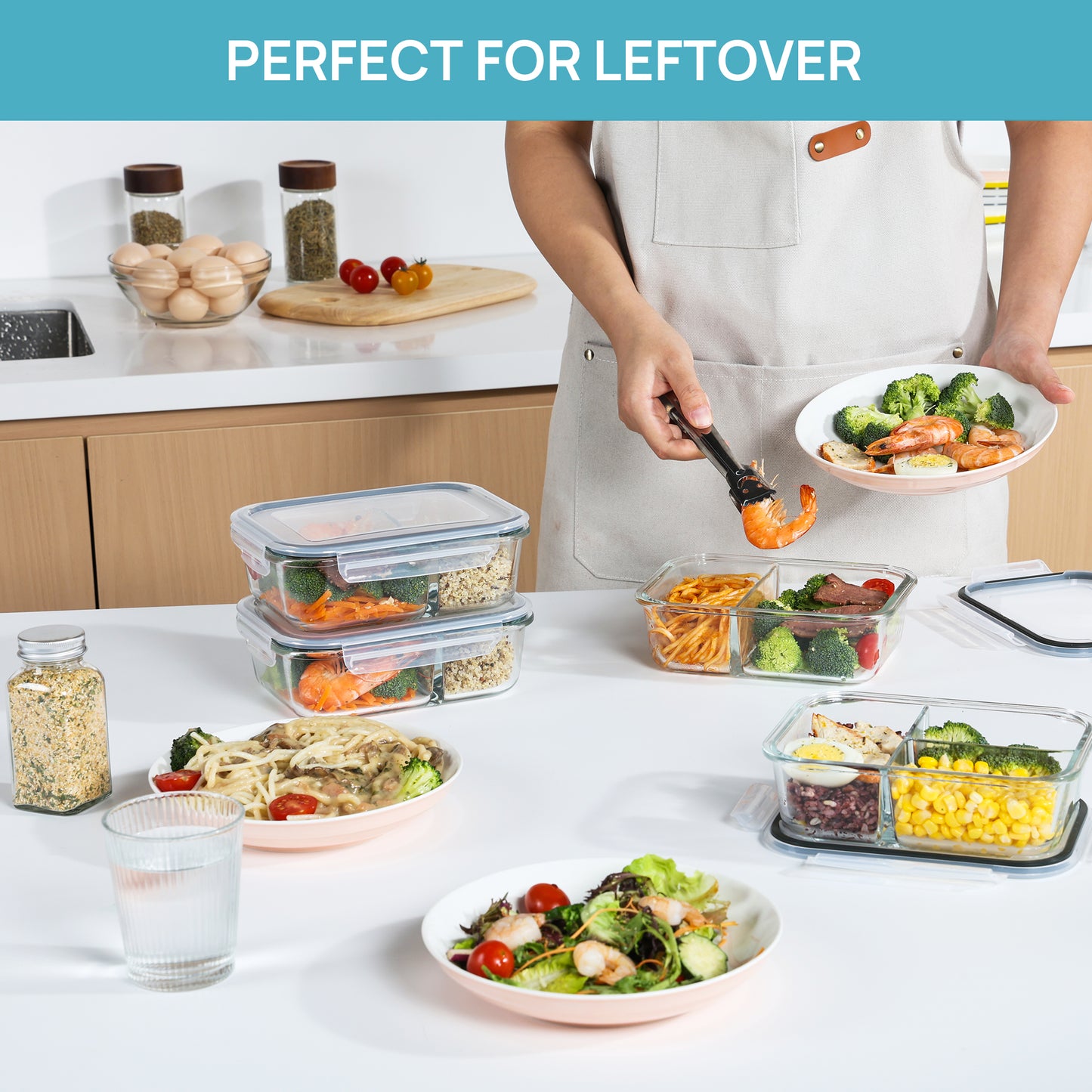 Sindcom 4 Pack 33oz Glass Food Storage Containers with Lids, Meal Prep Bento Boxes, for Microwave, Oven, Freezer, Gray