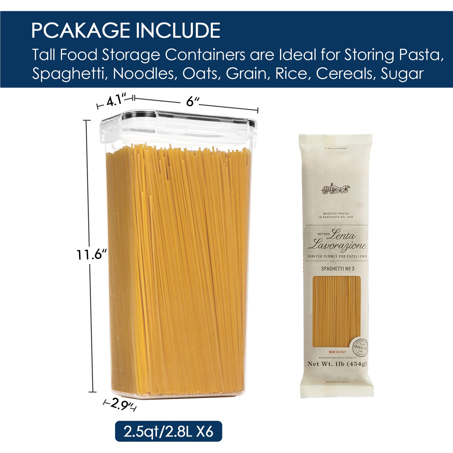 Sindcom Airtight Food Storage Containers with Lids, 6PCS Plastic Spaghetti Container, 2.8L