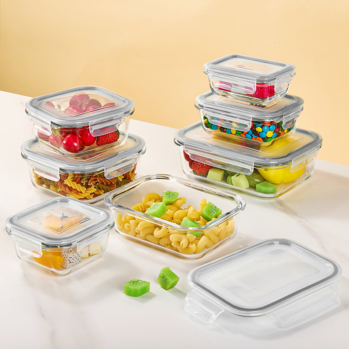 7pcs Glass Storage Container Set with Lids, Sindcom Meal Prep Containers, Airtight Bento Boxes, Gray