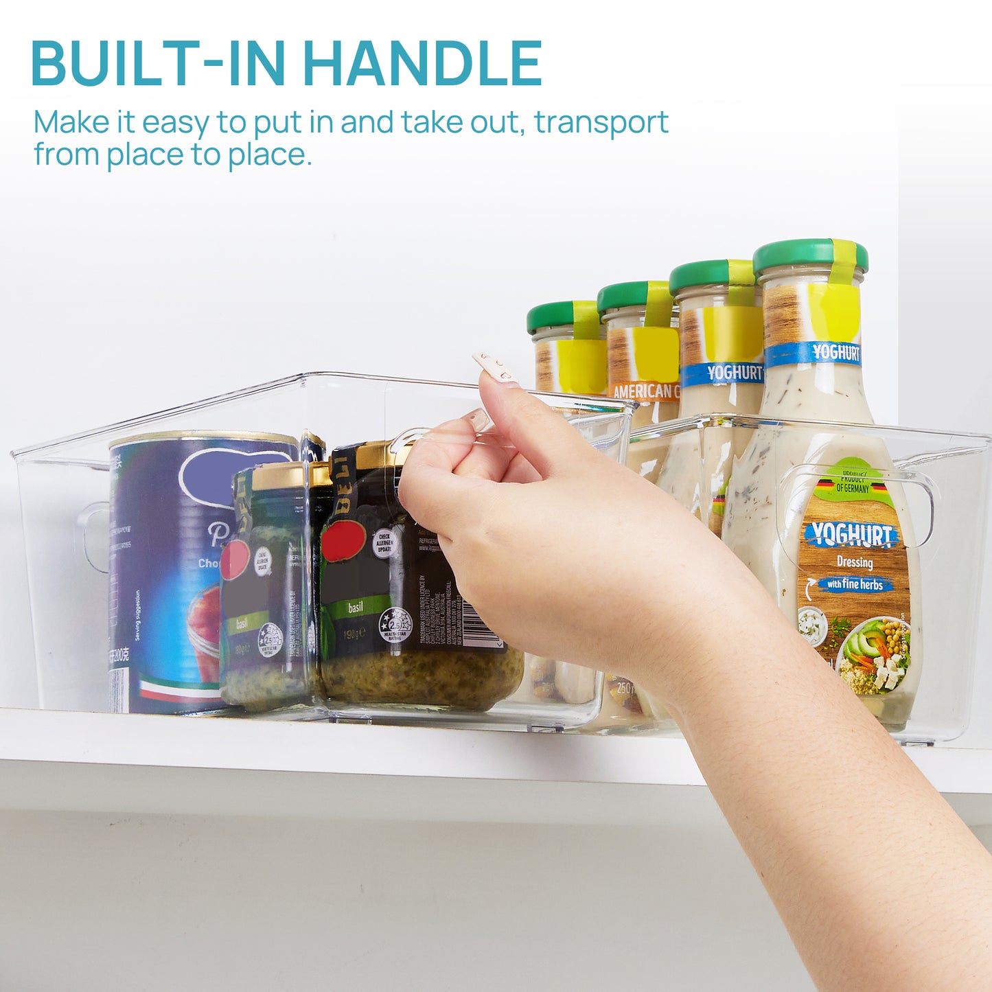 Sindcom 4 Pack Clear Plastic Storage Bins with Handles, Pantry Organizer Bins, for Refrigerator, Freezer, Cabinet, Kitchen, Countertops, SmallFreezer,Cabinet,Closet Organization and Storage