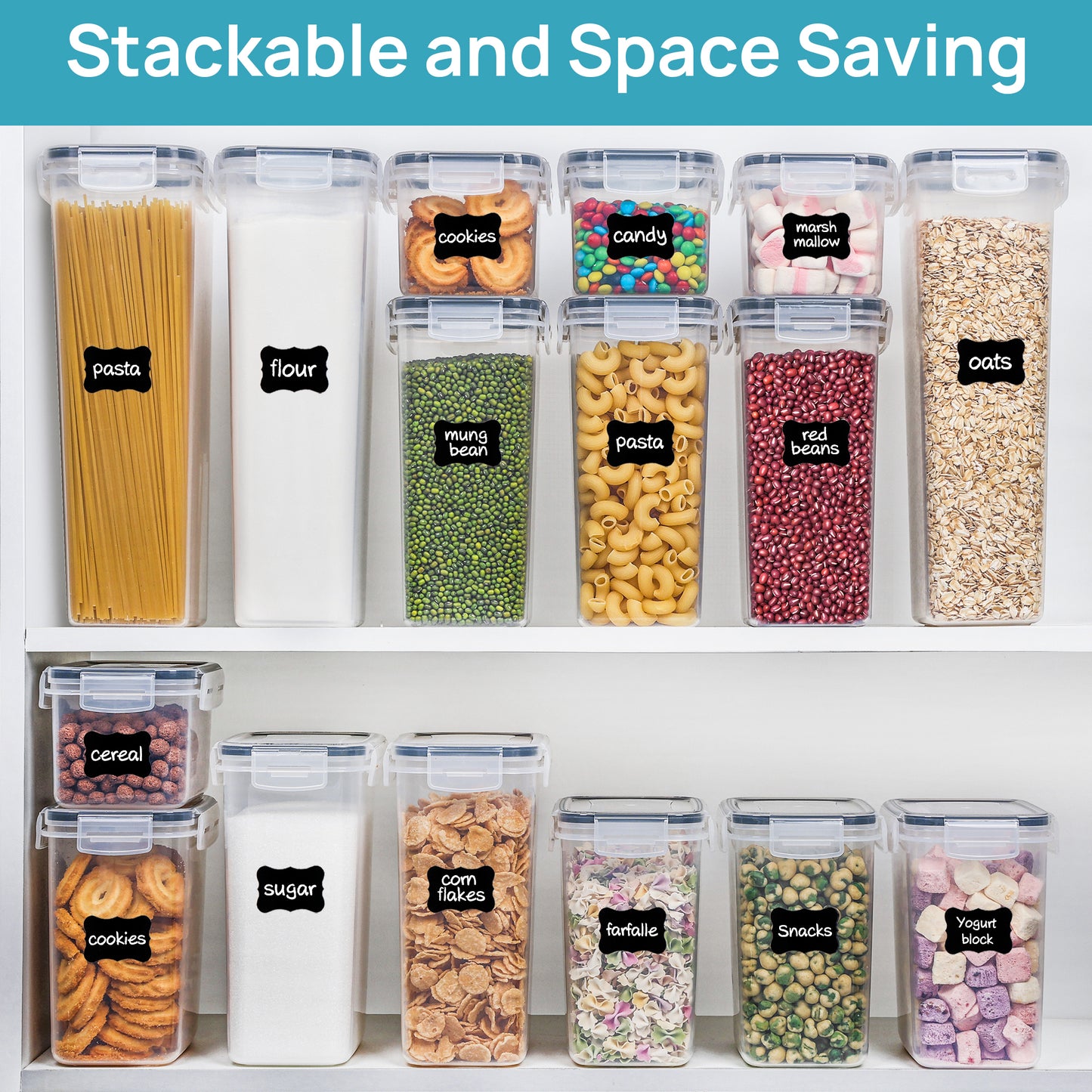 Sindcom Airtight Food Storage Containers Set, 38pcs Plastic Kitchen and Pantry Organization Canisters, Black