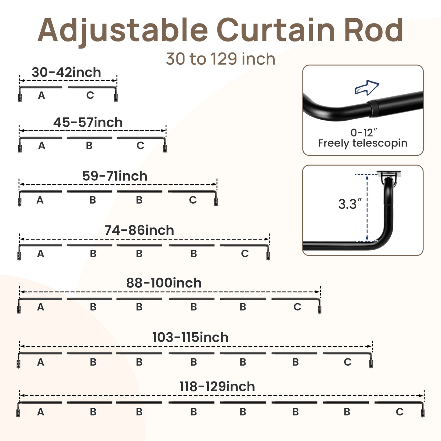 Sindcom Blackout Curtain rod for windows 66 to 120, Wrap Around Curtain Rods for Bedroom, Living Room, Adjustable from 30 to 129 Inches, Matte Black