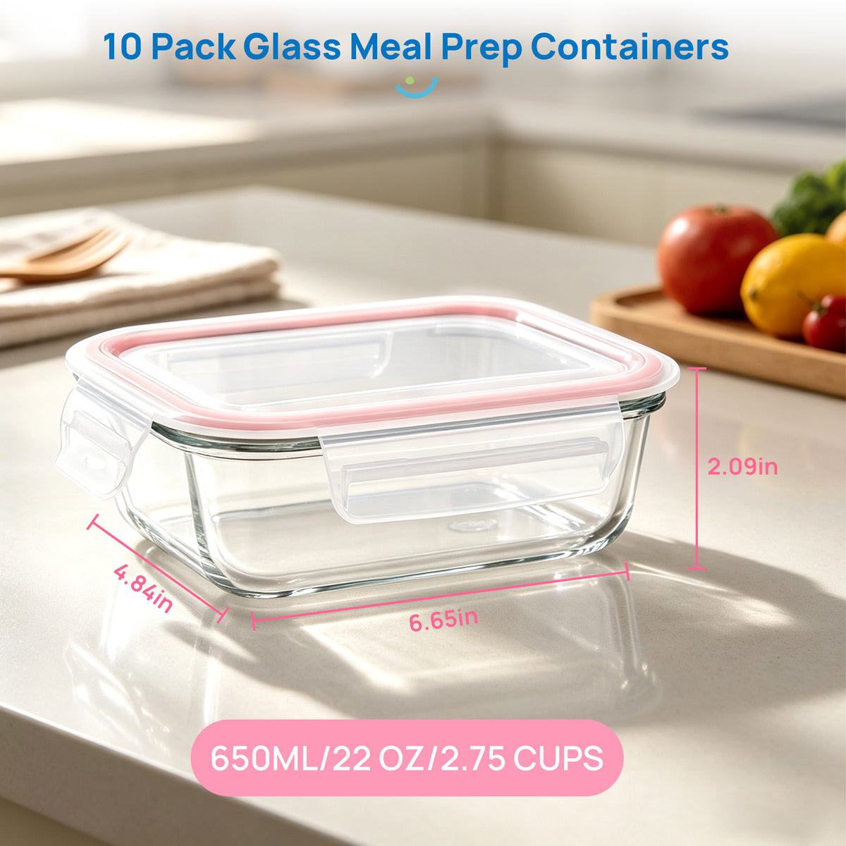 10 Pack 22oz Glass Containers with Lids, Airtight Meal Prep Food Storage Jars, Oven Freezer Microwave Safe Leakproof Lunch Set