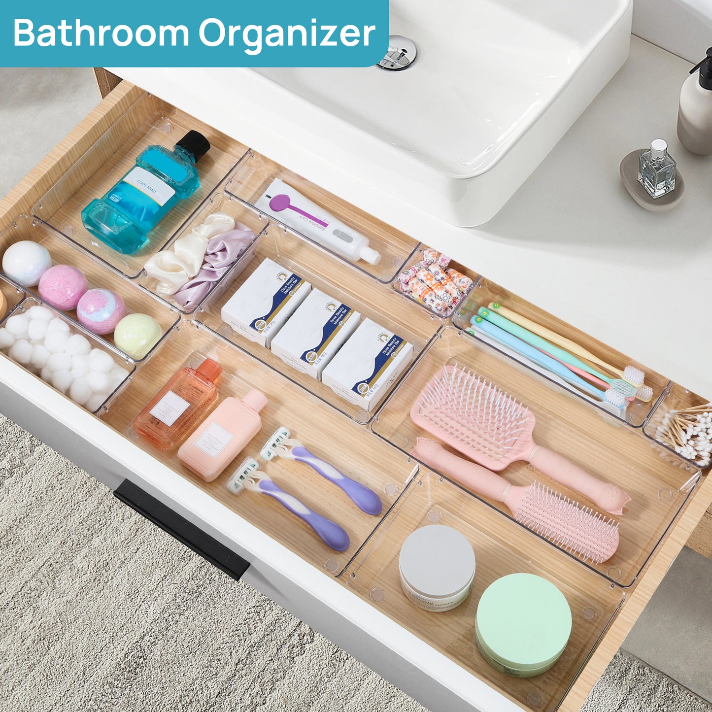 Sindcom 60 PCS Drawer Organizer, 4-Size Clear Plastic Bins Containers, for Bathroom and Vanity Storage