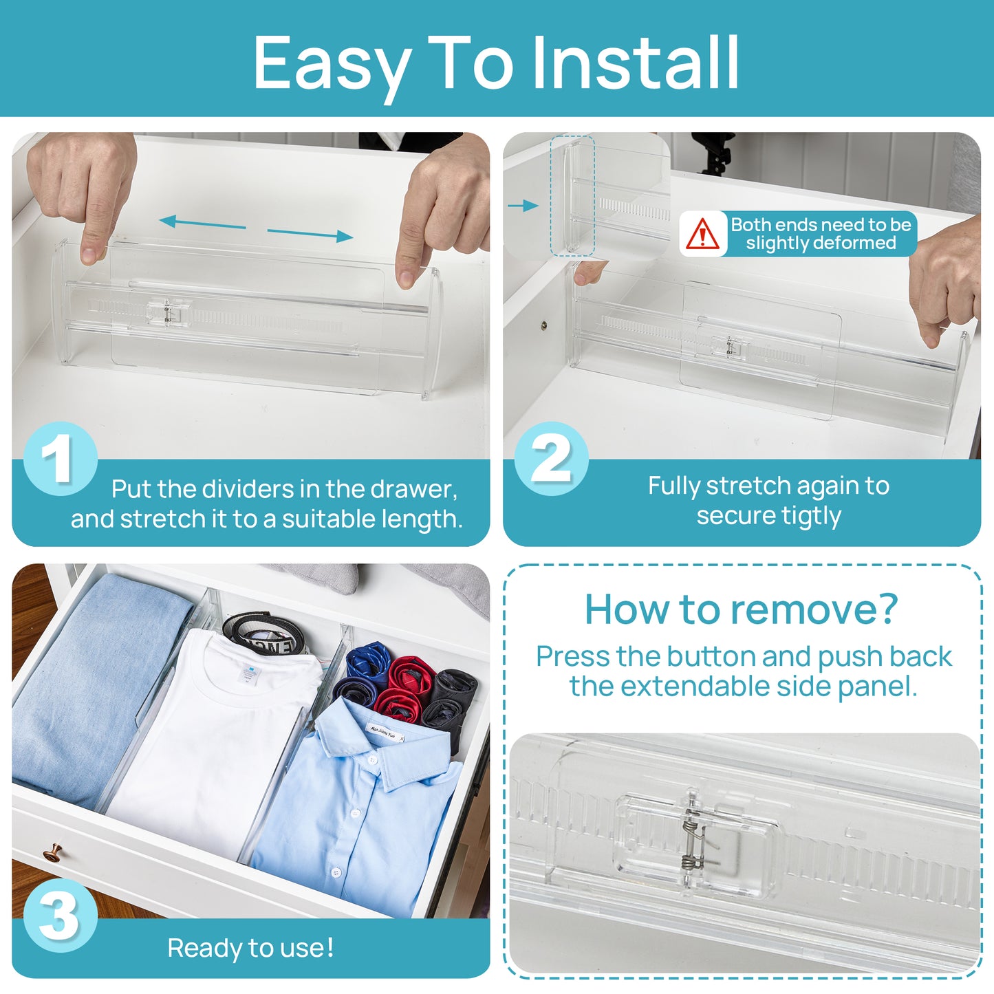 Sindcom 6 Pack Drawer Dividers for Clothes, Adjustable 4" High Expandable from 10.6"-17" Clear Dresser Drawer Organizer