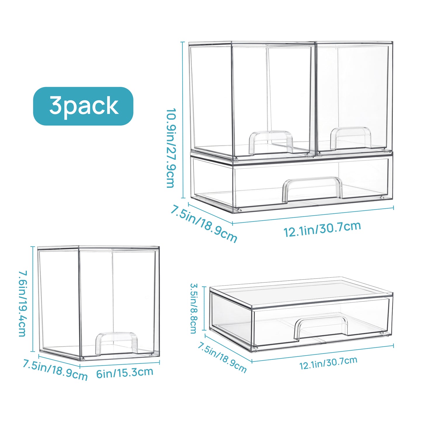 Sindcom Stackable Storage Drawers Set of 3,Clear Plastic Organizer Bins for Makeup, Cosmetics, Beauty Supplies