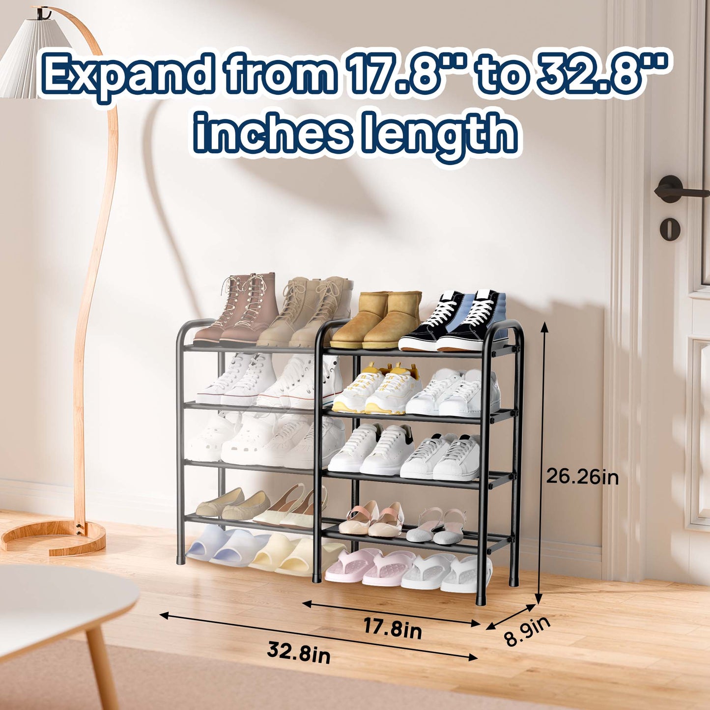 Sindcom 4 Tier Expandable Shoe Rack, Black Metal Shoe Shelf Organizer Storage for Closet, Space Saving Shoe Rack for Entrywa