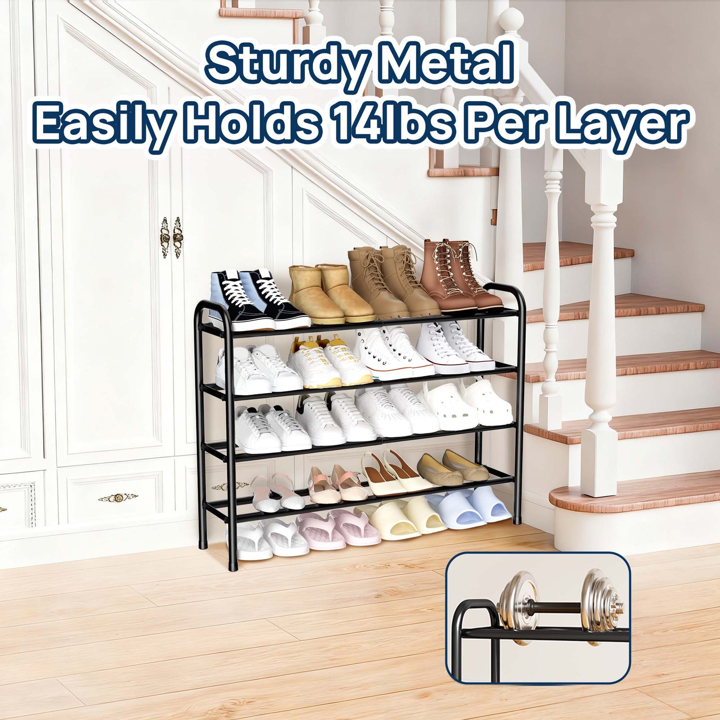 Sindcom 4 Tier Expandable Shoe Rack, Black Metal Shoe Shelf Organizer Storage for Closet, Space Saving Shoe Rack for Entrywa