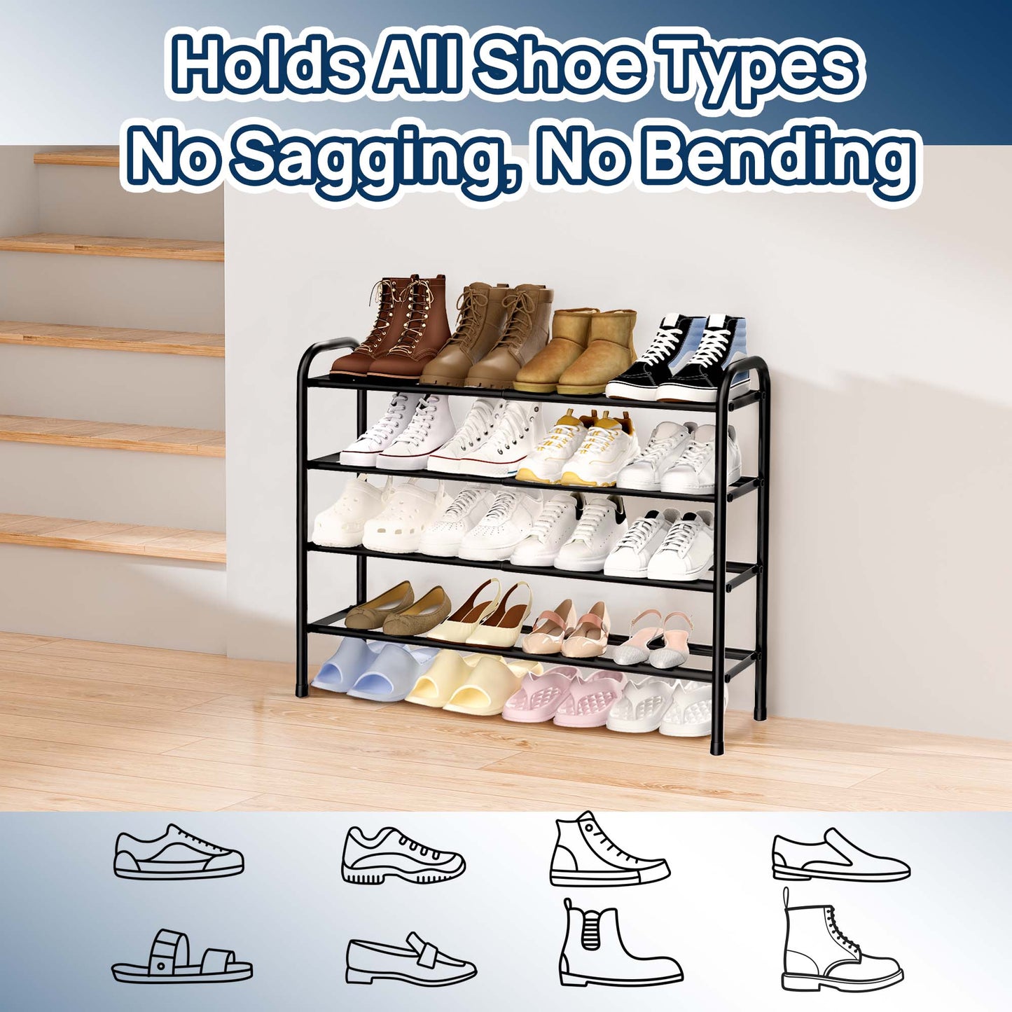 Sindcom 4 Tier Expandable Shoe Rack, Black Metal Shoe Shelf Organizer Storage for Closet, Space Saving Shoe Rack for Entrywa