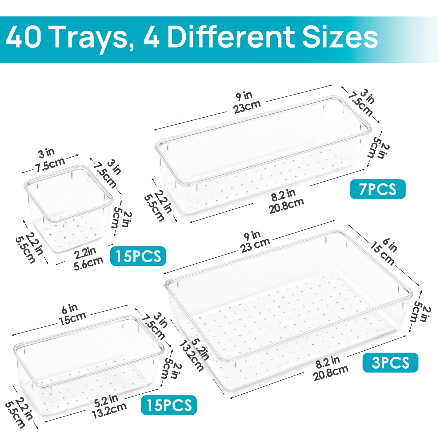 Sindcom 40 PCS Drawer Organizer, 4-Size Clear Plastic Bins Containers, for Bathroom and Vanity Storage