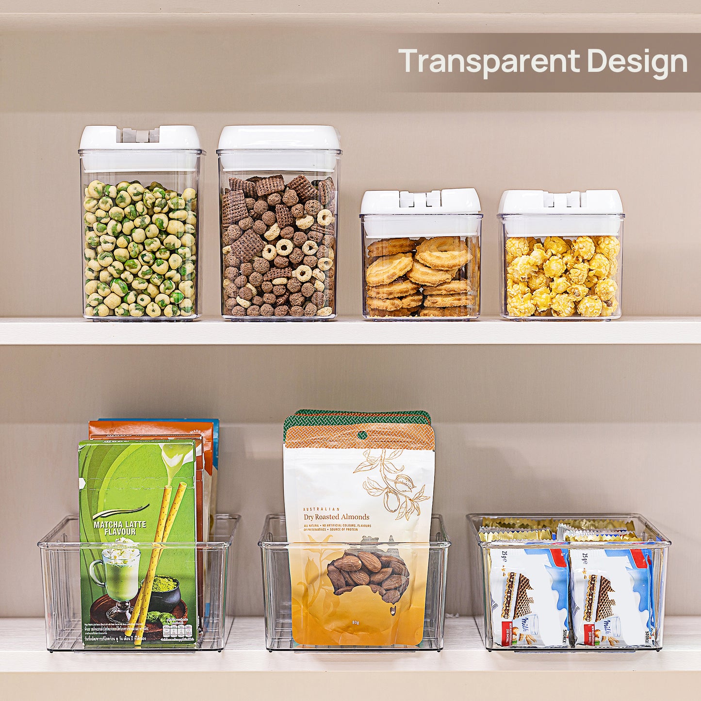 Sindcom 8 Pack Food Storage Organizer Bins, Clear Plastic Bins for Pantry, Kitchen, Fridge, Cabinet Organization and Storage, 4 Compartment Holder for Packets, Snacks, Pouches, Spice Packets