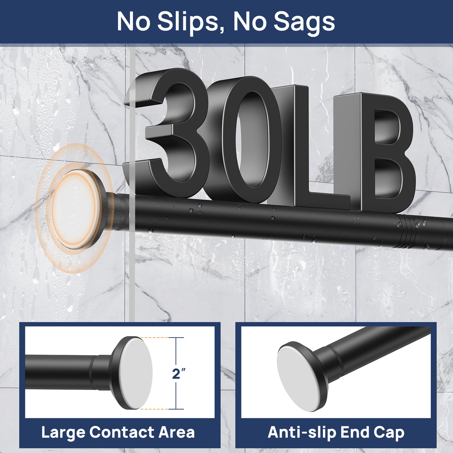 Sindcom No Drill Shower Curtain Rod 30 to 88 Inches Matte Black, 1 Inch Stainless Steel Adjustable Spring Tension Rods No Drill for Bathroom, Closet, Window, Room Divider, Never Rust, Non Slip