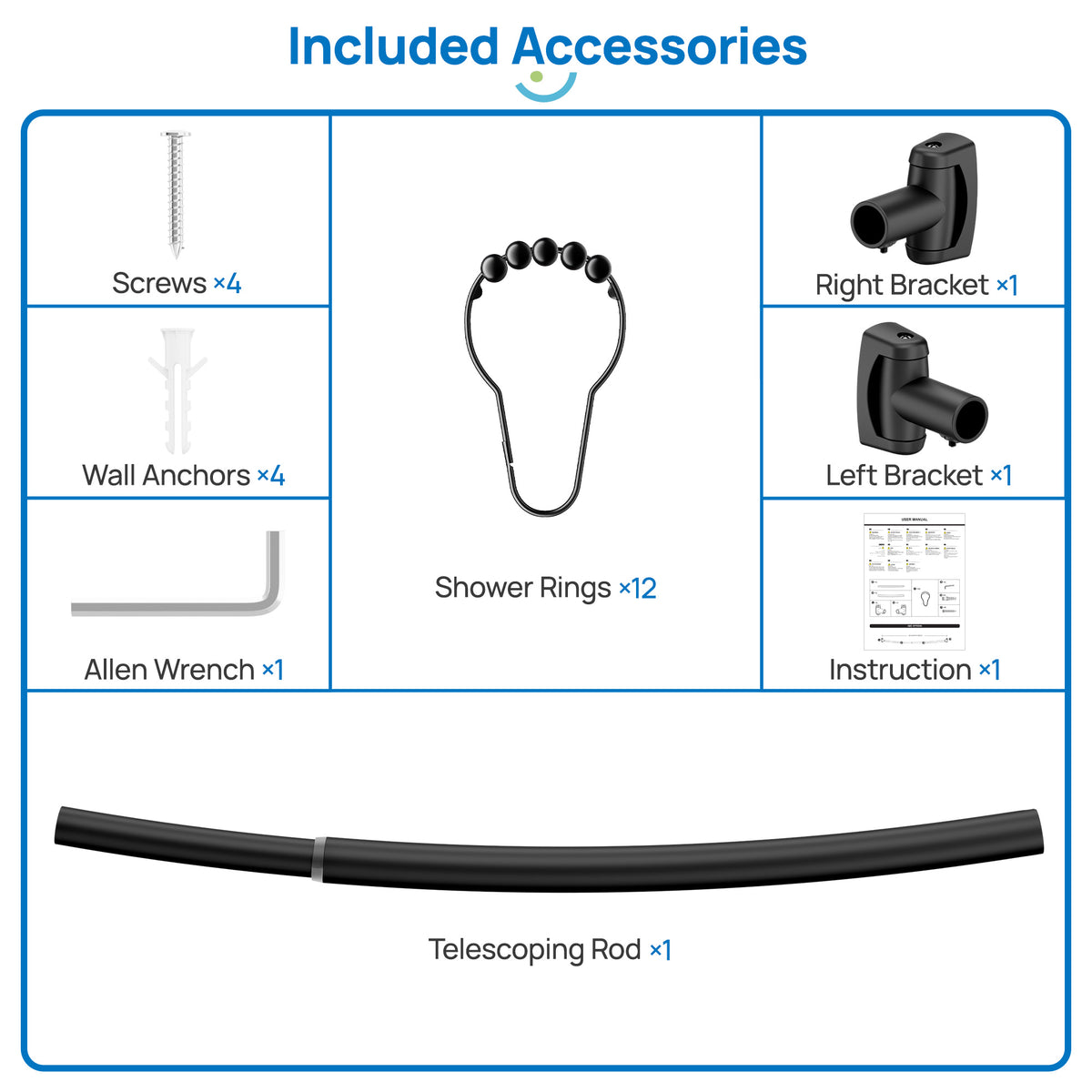 Sindcom Curved Shower Rod, Adjustable Stainless Steel Bathroom Rod, Wall Mount Matte Black