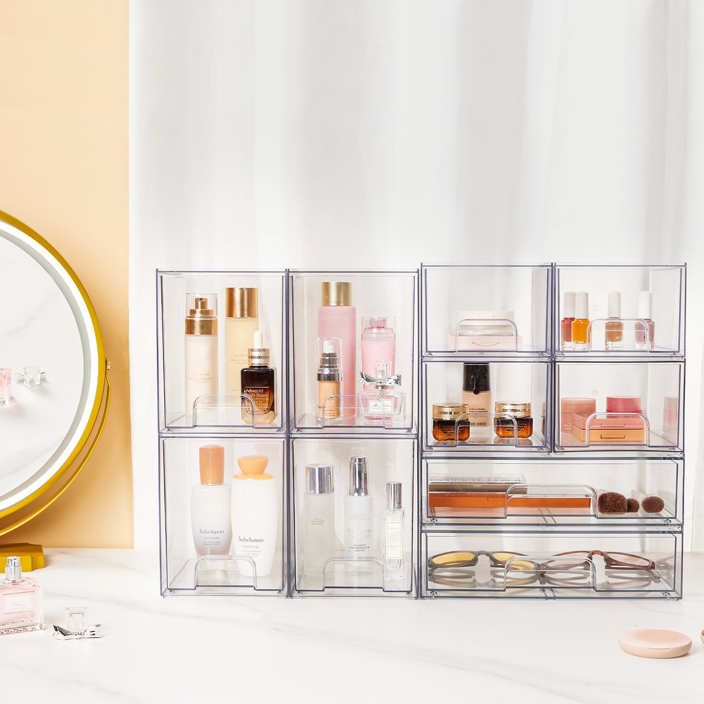 Sindcom Stackable Storage Drawers Set of 4,Clear Plastic Organizer Bins for Makeup, Cosmetics, Beauty Supplies