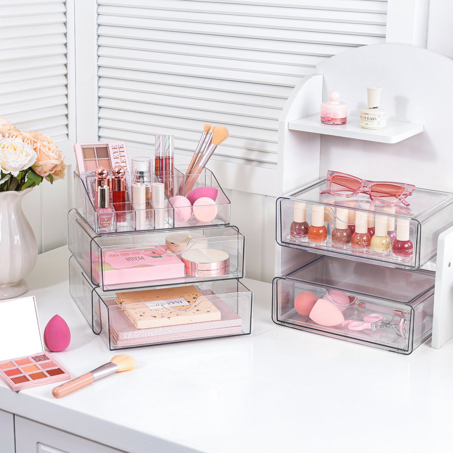 Sindcom 4 Tier Clear Makeup Organizer with Drawer, Plastic Cosmetic Storage, Beauty Holder