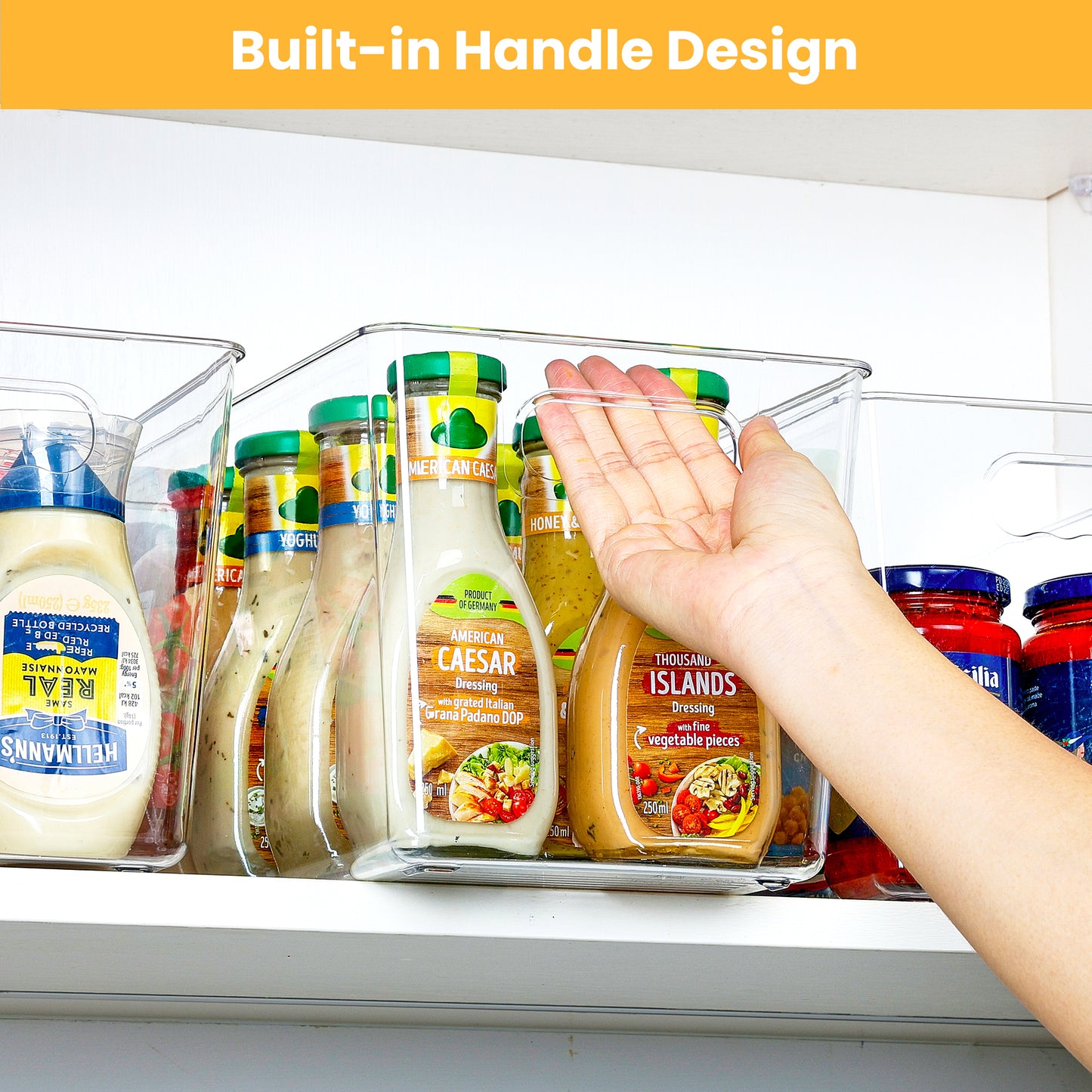 Sindcom 4 Pack Clear Plastic Storage Bins with Handles, Pantry Organizer Bins, for Refrigerator, Freezer, Cabinet, Kitchen, Countertops, X-Large
