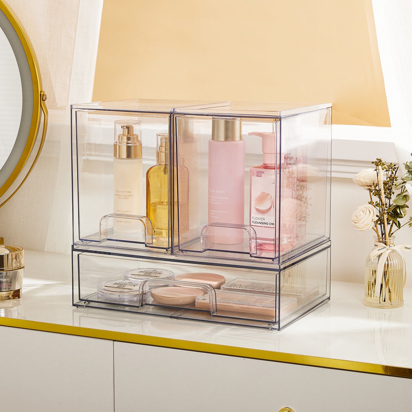 Sindcom Stackable Storage Drawers Set of 3,Clear Plastic Organizer Bins for Makeup, Cosmetics, Beauty Supplies