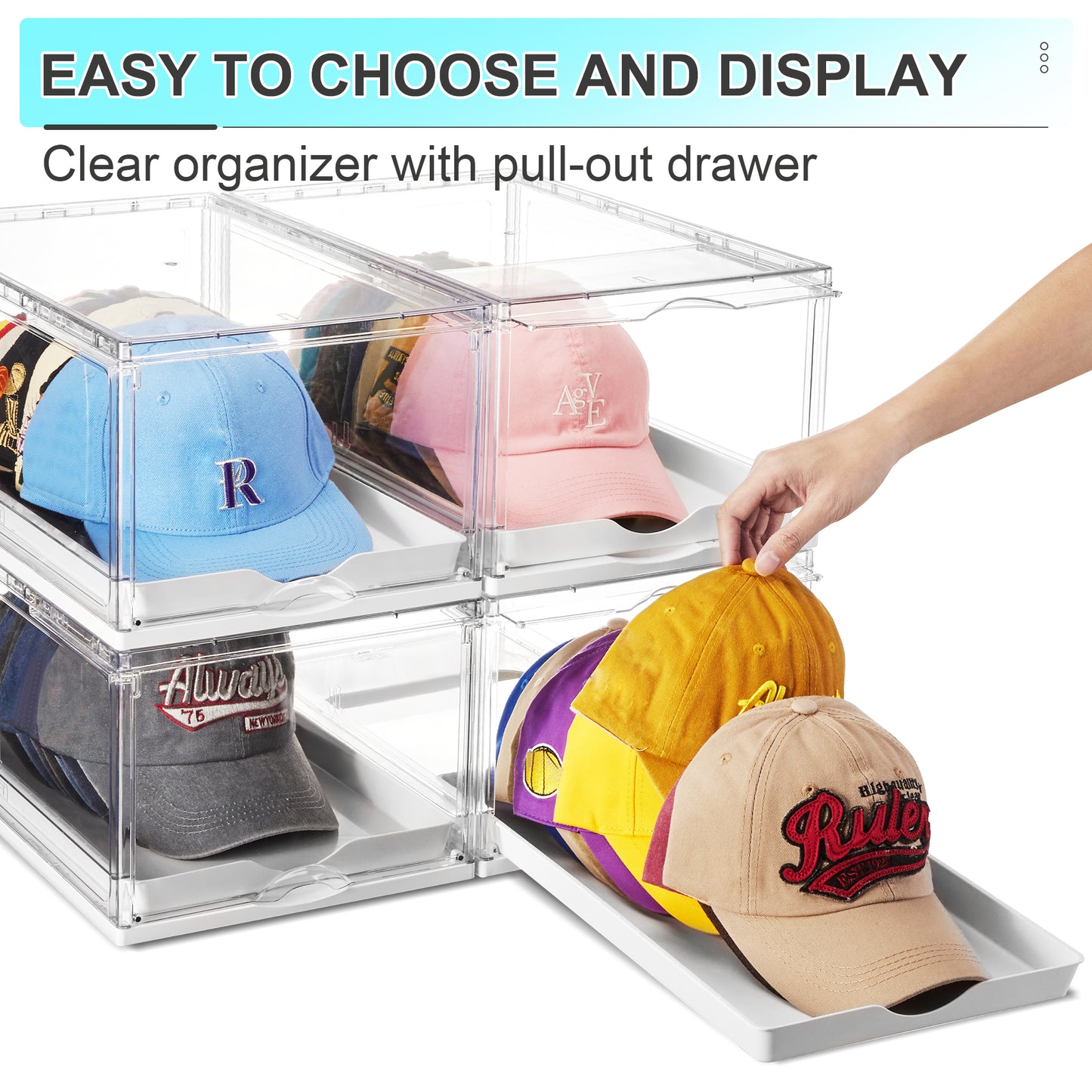 Sindcom 2 Pack Hat Organizer for Baseball Caps, Clear Hat Holder Box with Drawer, Large Hat Storage with Sliding Tray, Stackable Rack Display Case with Magnetic Door, Each Holds 12 Hats