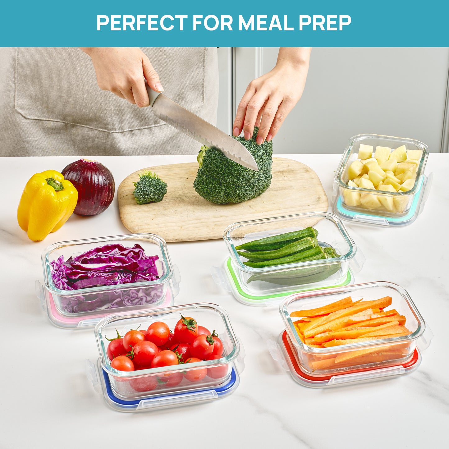 Sindcom 5Pack 22oz Glass Storage Containers with Lids, Glass Meal Prep Food Container Sets with Snap Airtight Lids for Microwave, Oven, Freezer and Dishwasher Colorful