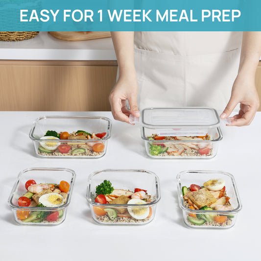 7pcs Glass Storage Container Set with Lids, Sindcom Meal Prep Containers, Airtight Bento Boxes, Gray