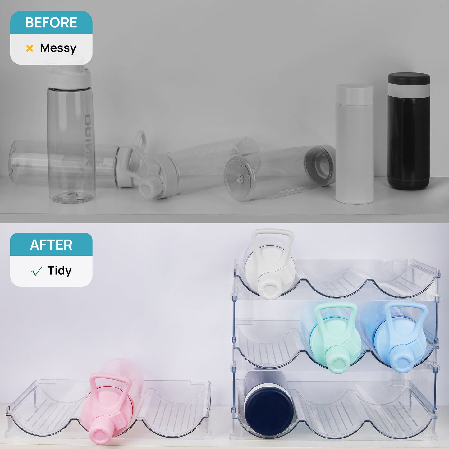 Sindcom 4 Pack Stackable Bottle Holder Storage Rack, Plastic Water Bottle Organizer, Clear