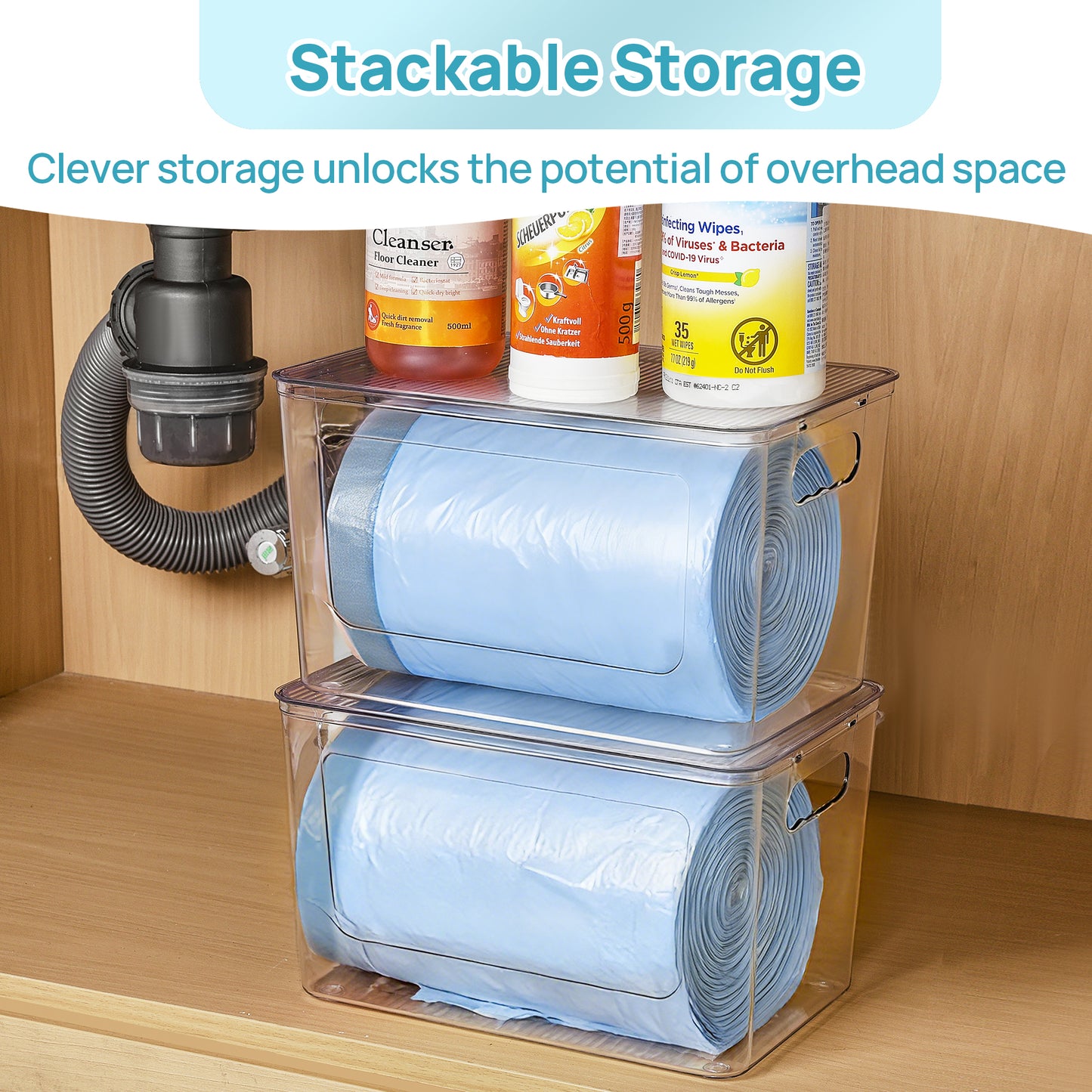 Sindcom Under Sink Trash Bag Holder & Dispenser, 2-Pack Stackable Organizer Bins for 13/30/33 Gallon Garbage Bags, Clear Storage for Kitchen, Laundry Room & Bathroom Organization