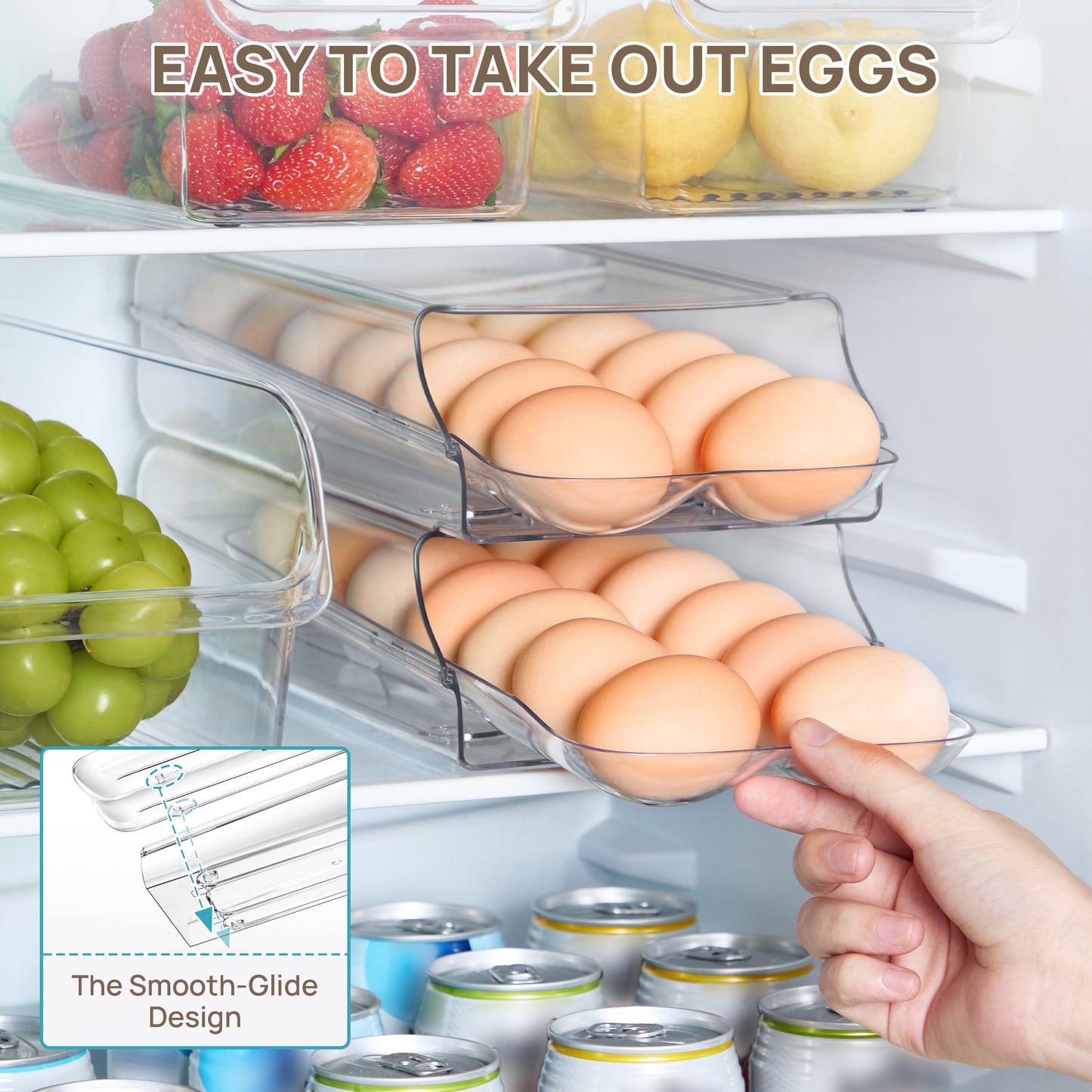 Sindcom Clear Plastic Egg Holder for Fridge, Automatic Rolling Egg Container for Refrigerator, Stackable 14-Count Eggs Organizer with Removable Inner Tray, Fridge Organizers and Storage, 2Pack