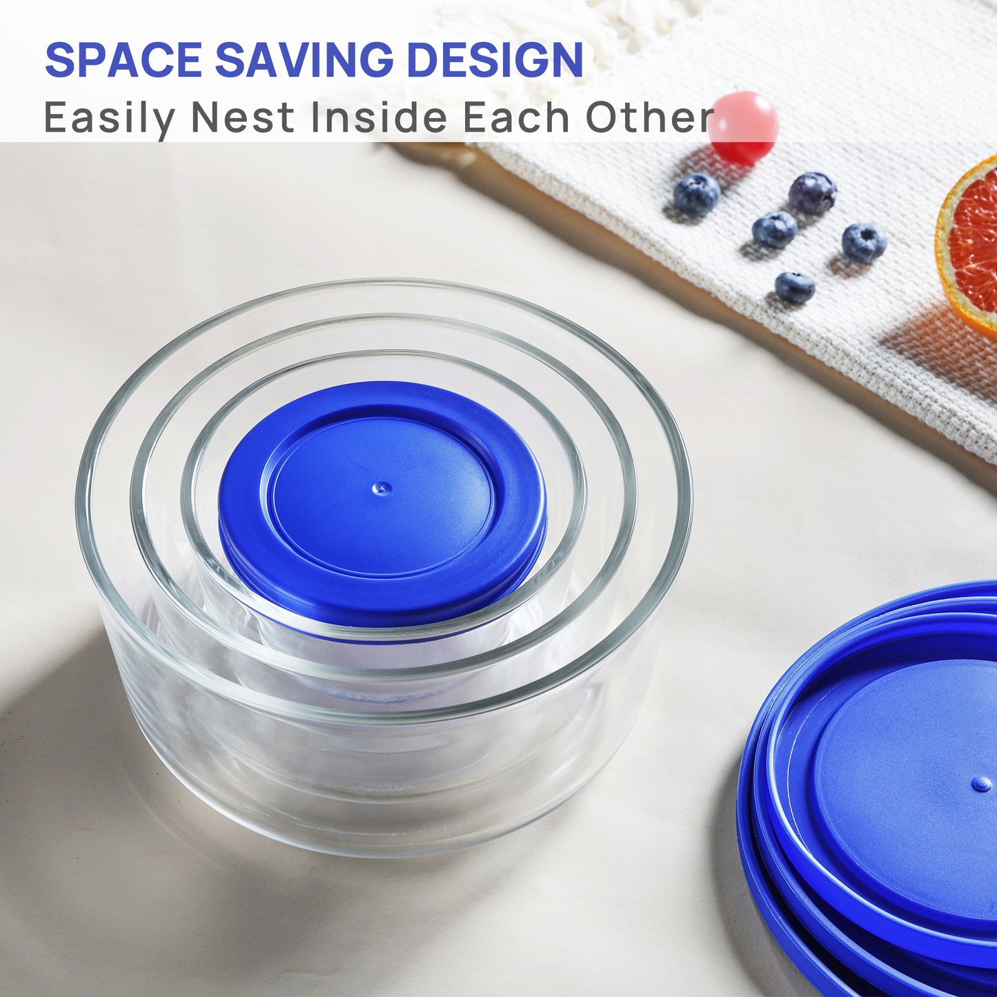 Sindcom Glass Food Storage Containers with Lids, Mixing Bowl Set with Lids, 15 Cup Round Glass Bowls, Set of 5