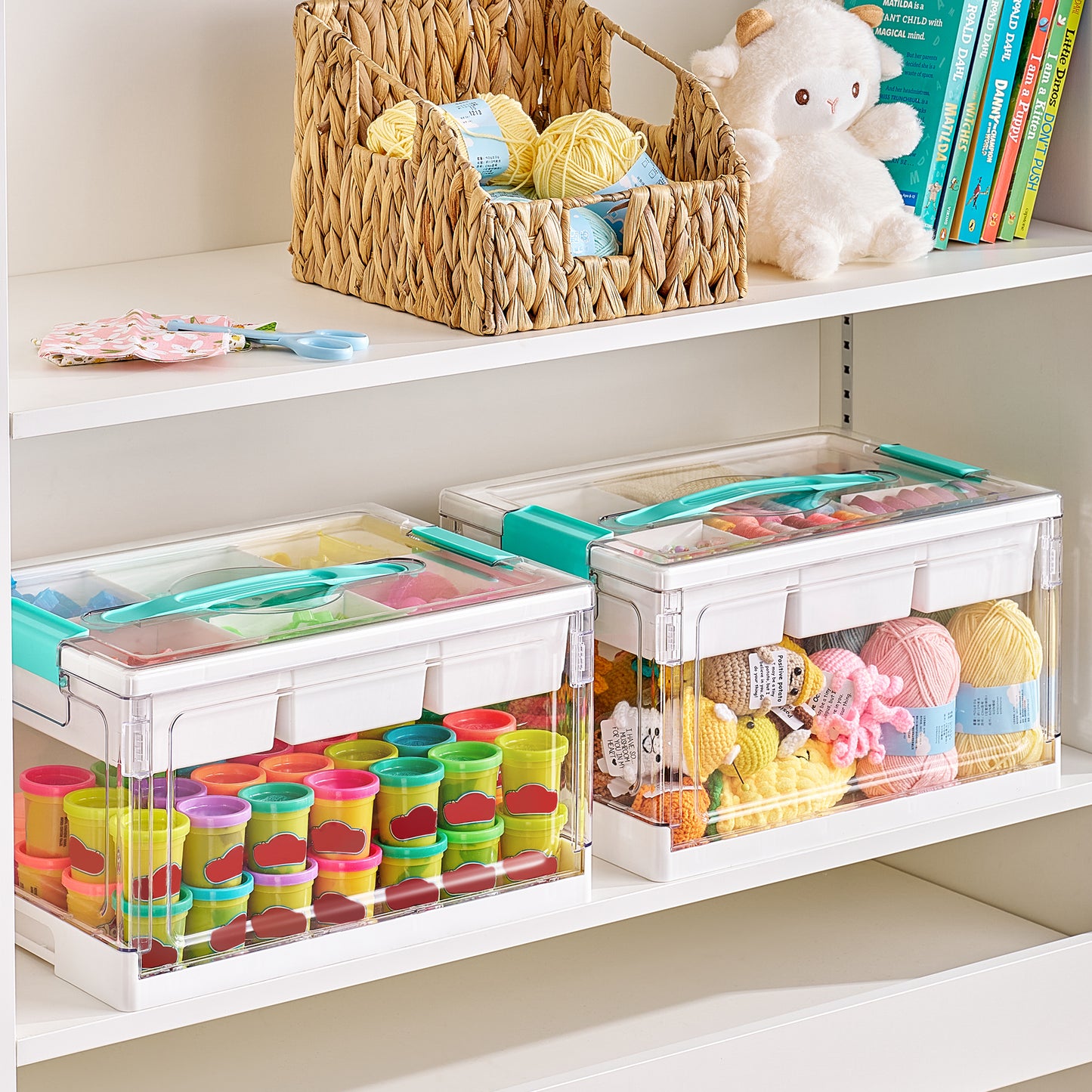 Sindcom 24 QT Clear Plastic Kids Toy Storage Bins, Stuffed Animal & Art Supply Organizer with Removable Dividers, Craft Box for Coloring Books, Toys, 1 Pack