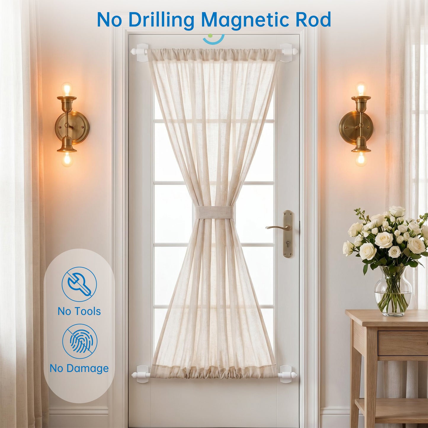 Sindcom 2 Pack Magnetic Curtain Rod, 16 to 28 Inches Adjustable Strong Magnet Bar for Door, Classroom Whiteboard, and Any Metal Space, No Drill Required, White