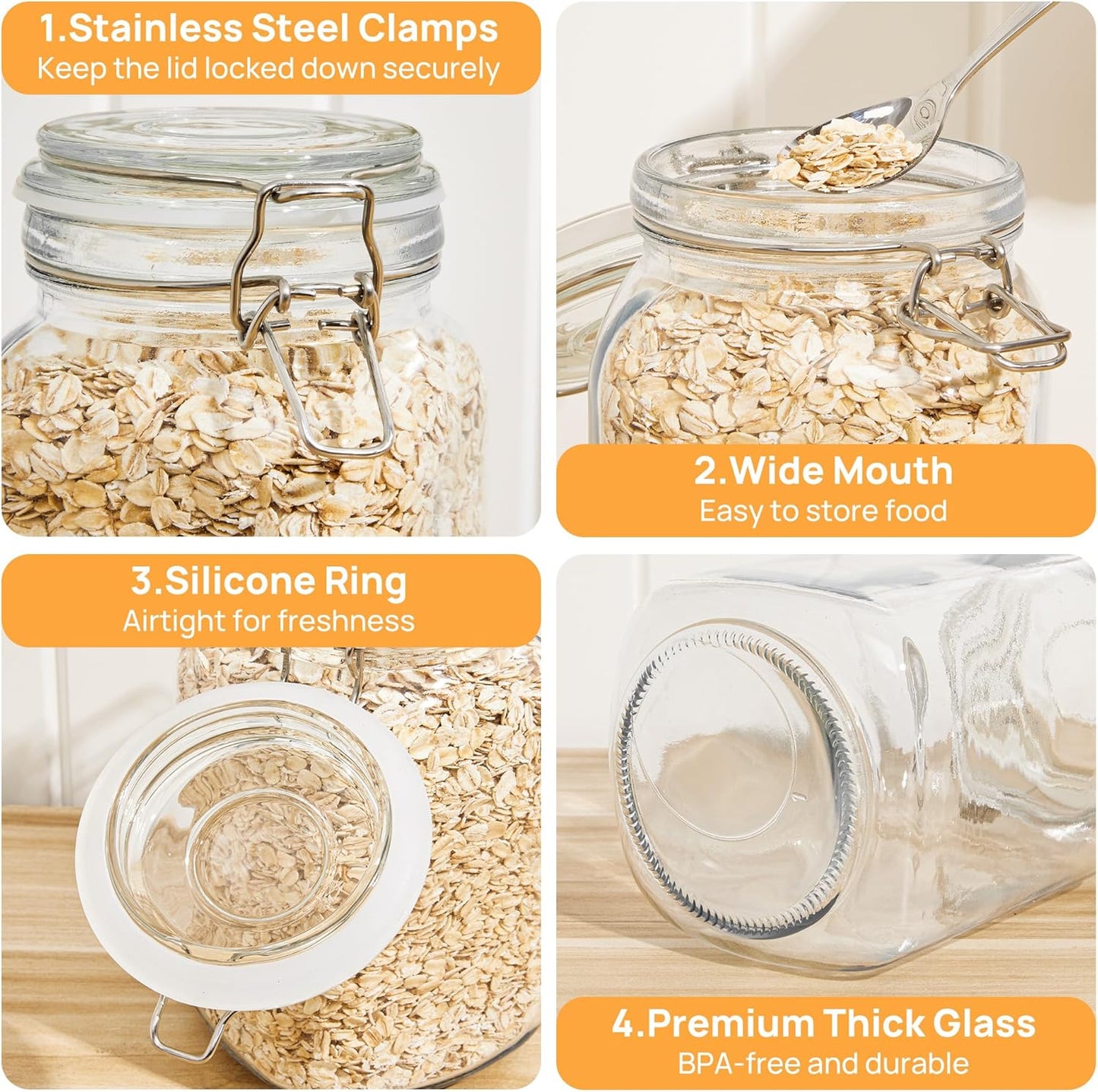 Sindcom 50oz Airtight Glass Jars with Lids, 3 PCS Food Storage Canister for Kitchen & Pantry Organization, Square Mason Jar Containers for Storing Sugar, Flour, Cereal,Coffee,Cookies