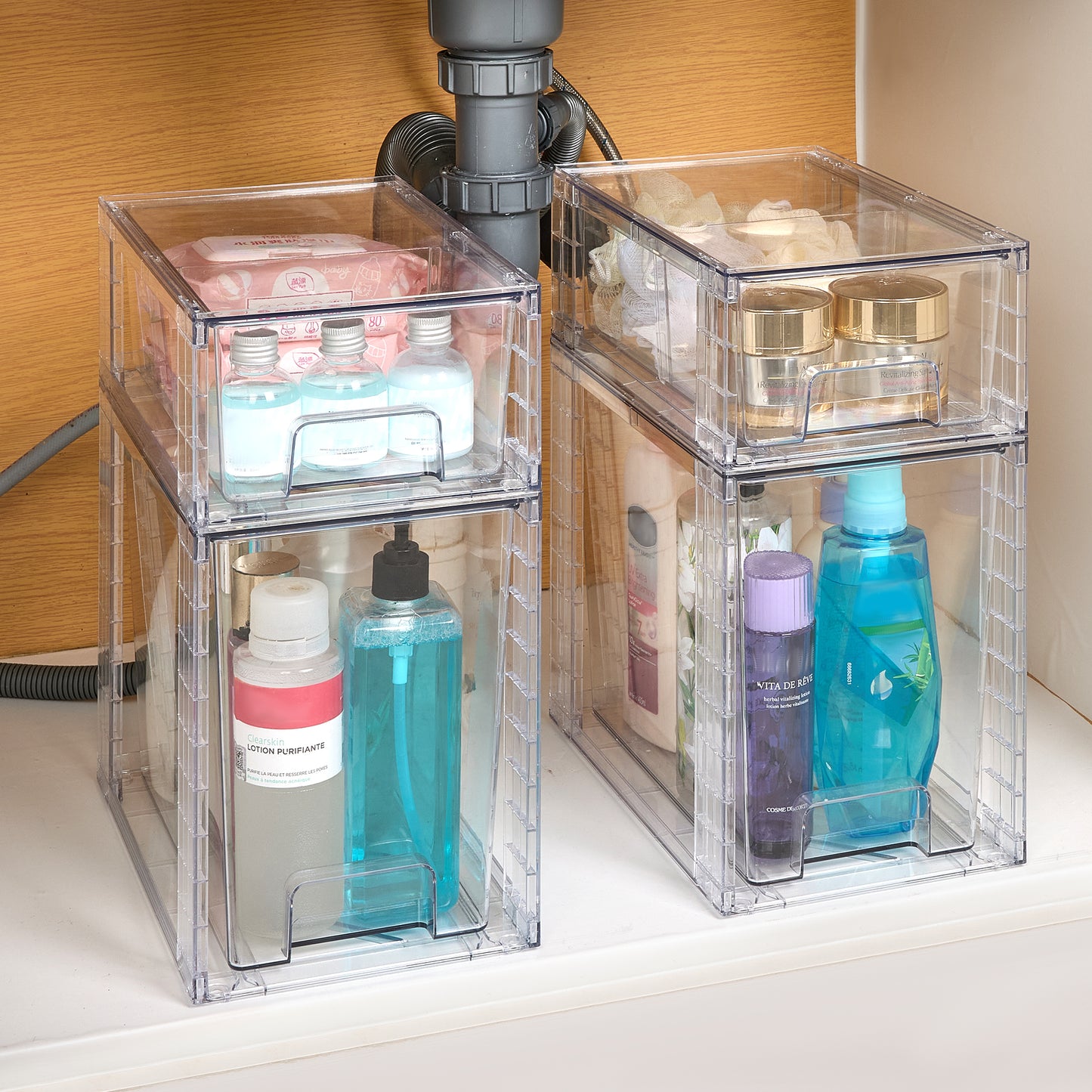 Sindcom 4 Pack Large Stackable Plastic Storage Drawers, Acrylic Clear Plastic Organizer Bins for Makeup, Cosmetics, Bathroom Closet Undersink Organizer, 2 High+2 Small