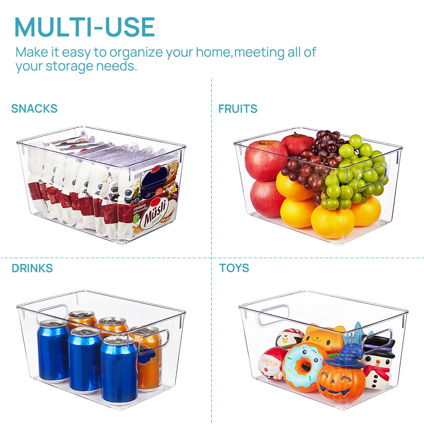 Sindcom 4 Pack Clear Plastic Storage Bins with Handles, Pantry Organizer Bins, for Refrigerator, Freezer, Cabinet, Kitchen, Countertops, Large